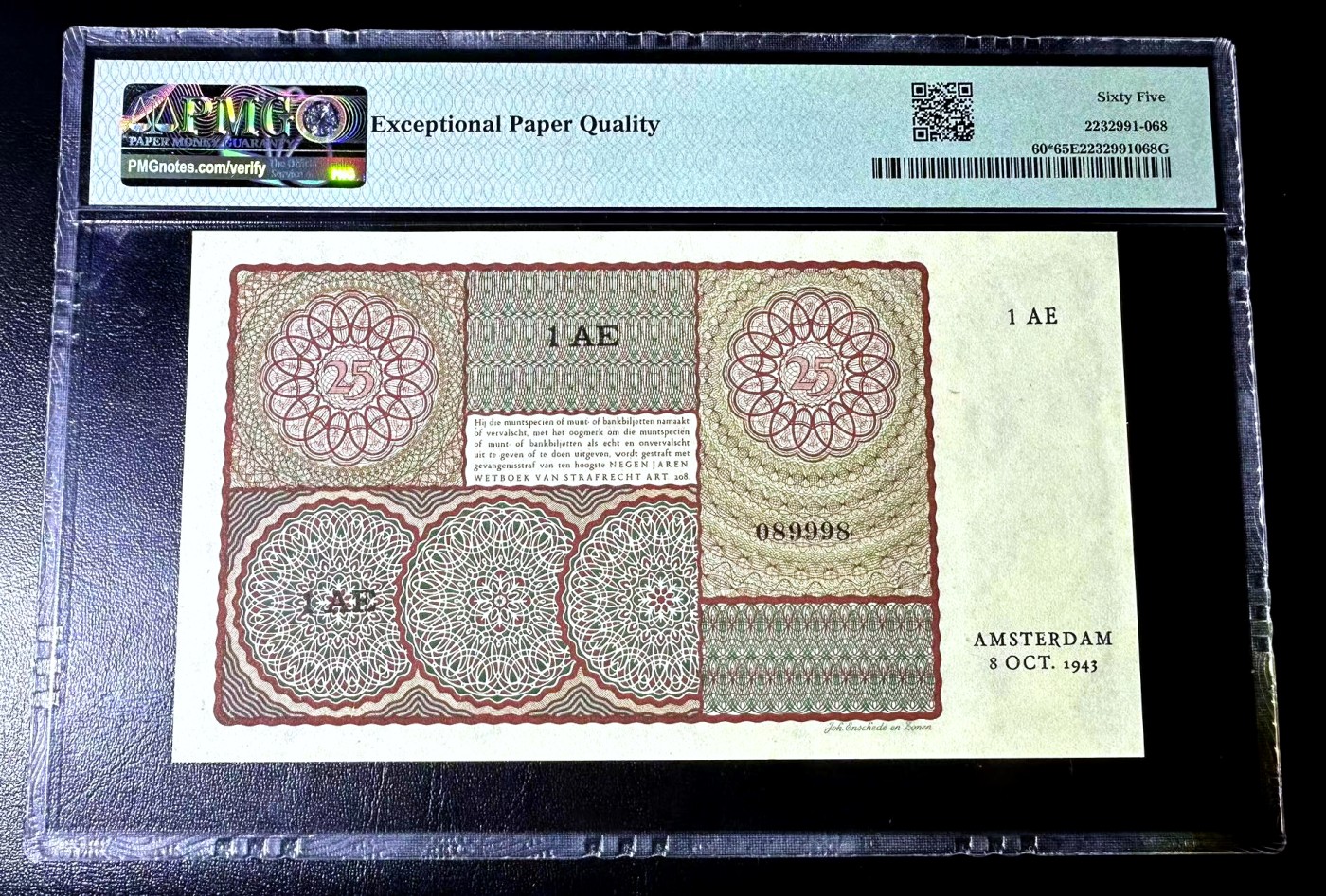 【Blue Auction】✨世界纸币精拍第445期【精】  【仅1张更高分 补号倒置号少见】荷兰 1943年25盾小女孩 PMG65EPQ 绝品