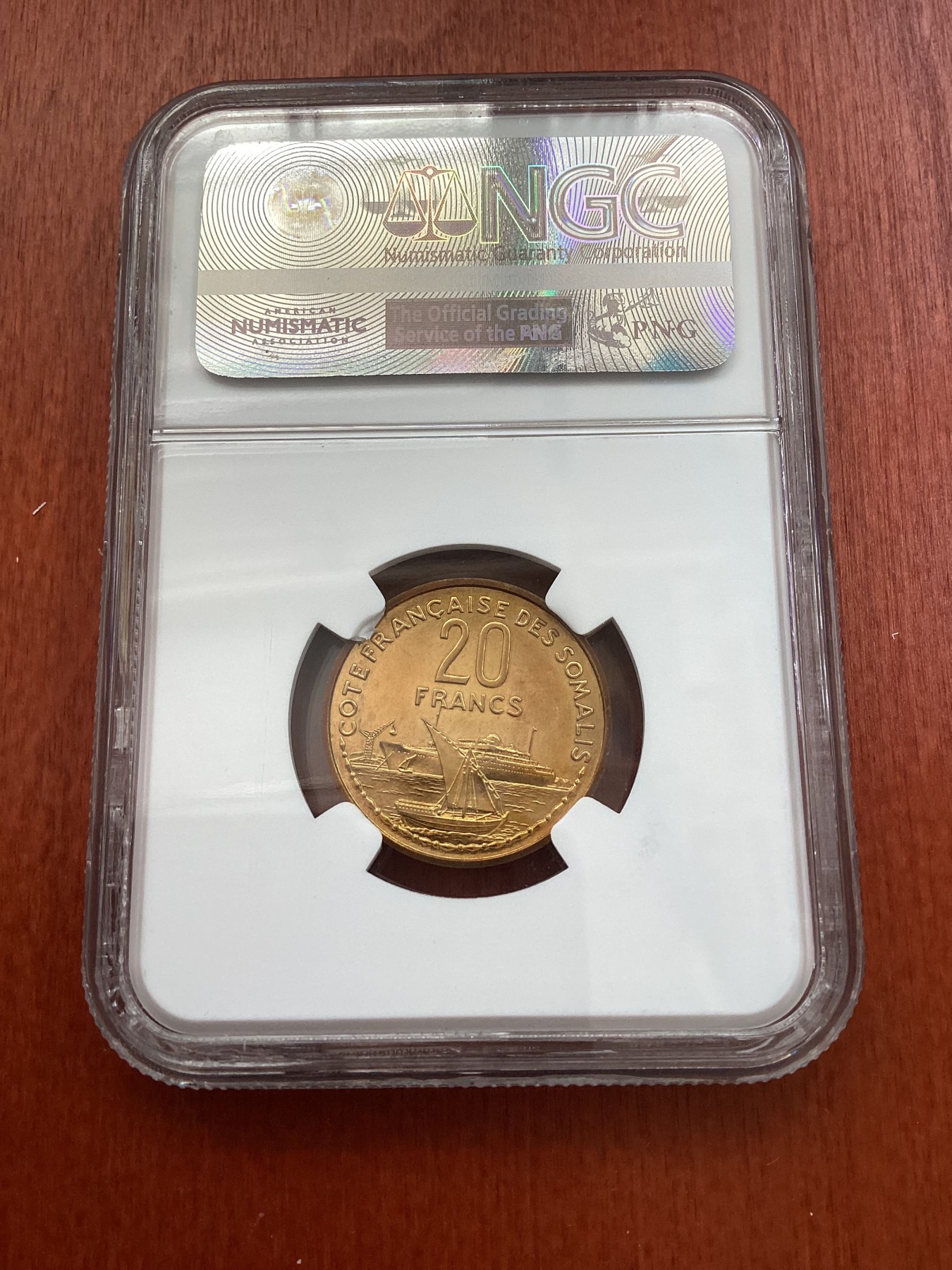 长老汇龙年精选第三场 1952 法属索马里20法郎加厚铝铜样币，NGC MS64，唯一冠军分，发行量104枚，非常漂亮！