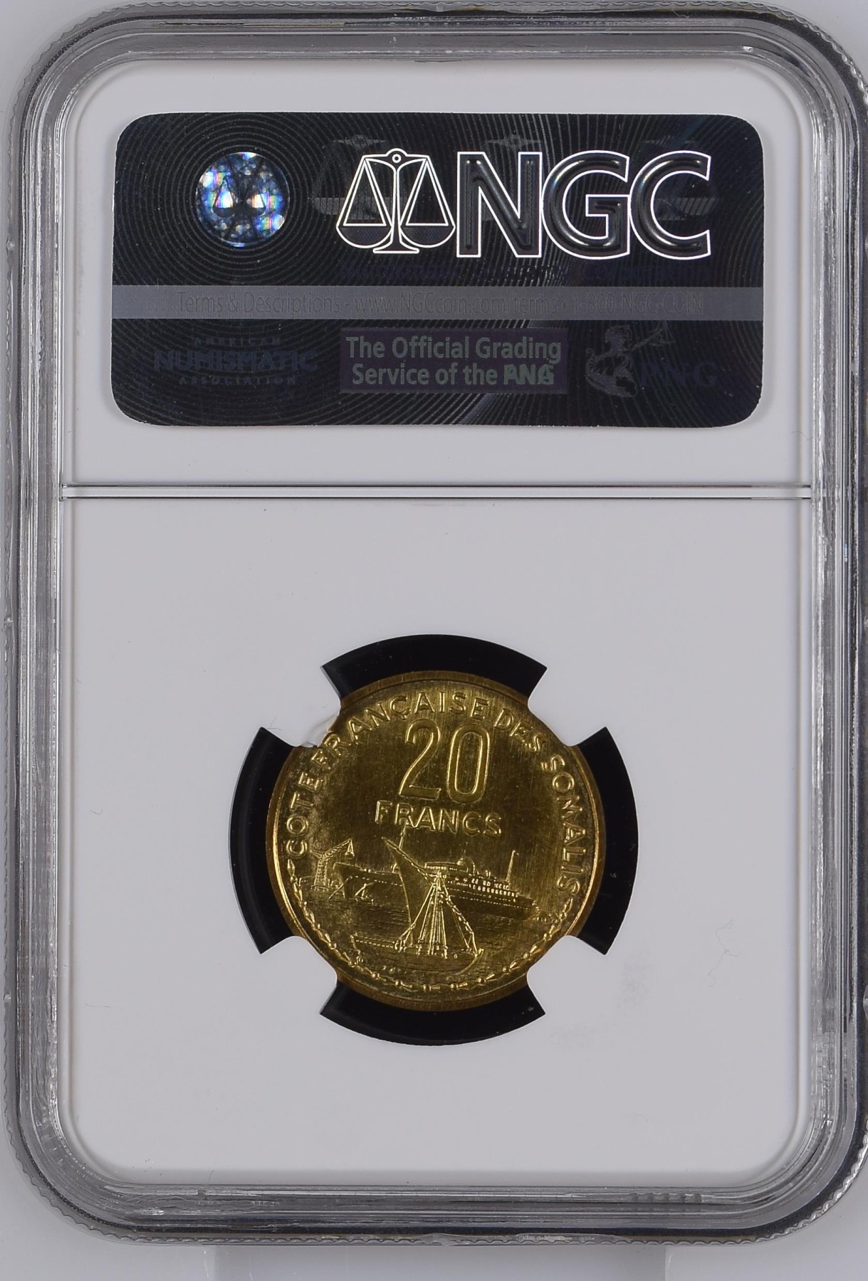 长老汇龙年精选第三场 1952 法属索马里20法郎加厚铝铜样币，NGC MS64，唯一冠军分，发行量104枚，非常漂亮！