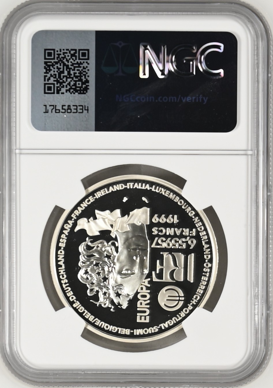 长老汇龙年精选第三场 1999 法国欧洲艺术风格系列之哥特艺术6.559法郎精制银币，NGC PF69UC，亚军分，更高分仅有两枚