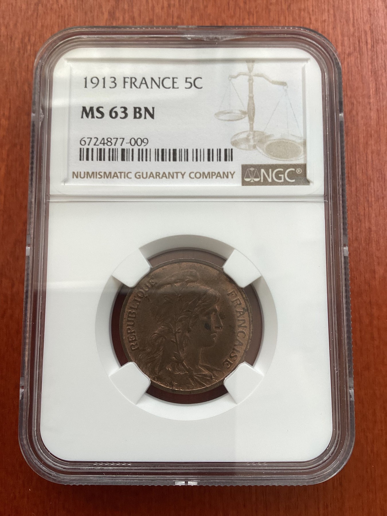 长老汇龙年精选第三场 1913 法国自由女神5分铜币，NGC MS63BN，唯一亚军分，更高分仅有一枚