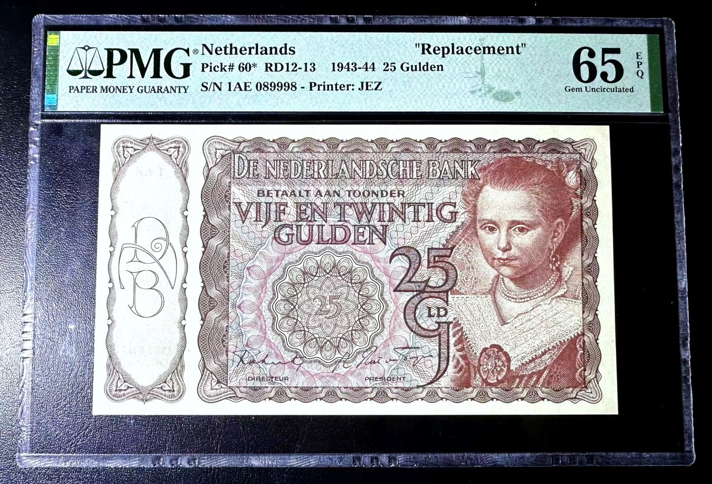 【Blue Auction】✨世界纸币精拍第445期【精】  【仅1张更高分 补号倒置号少见】荷兰 1943年25盾小女孩 PMG65EPQ 绝品