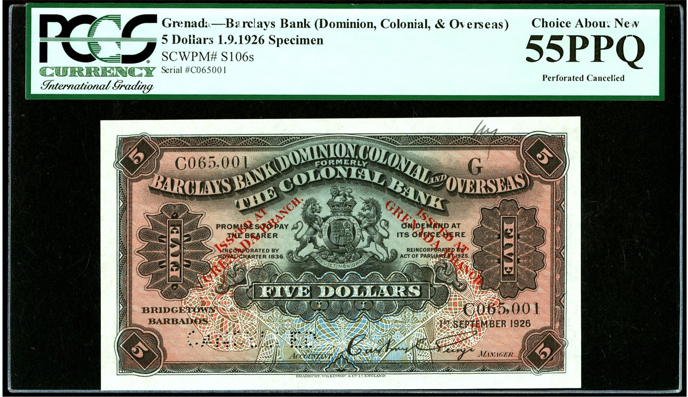 【Blue Auction】✨世界纸币精拍第445期【精】 【珍品 克劳斯无定价 标了Rare】英属 格林纳达 1926年5元  BWC出品 巴克莱银行(BarclaysBank) 发行 带签名和无47号码样钞 存世量非常少 PCGS55EPQ 绿标 原票 值得收藏 （注：巴克莱银行是位于汇丰银行和苏格兰皇家银行之后的英国第三大银行，历史可追溯到1690年，1926年发行该纸币流通于英属东加勒比地区，正面右上角加盖不同字母代表不同国家）