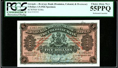【Blue Auction】✨世界纸币精拍第445期【精】 - 【珍品 克劳斯无定价 标了Rare】英属 格林纳达 1926年5元  BWC出品 巴克莱银行(BarclaysBank) 发行 带签名和无47号码样钞 存世量非常少 PCGS55EPQ 绿标 原票 值得收藏 （注：巴克莱银行是位于汇丰银行和苏格兰皇家银行之后的英国第三大银行，历史可追溯到1690年，1926年发行该纸币流通于英属东加勒比地区，正面右上角加盖不同字母代表不同国家）