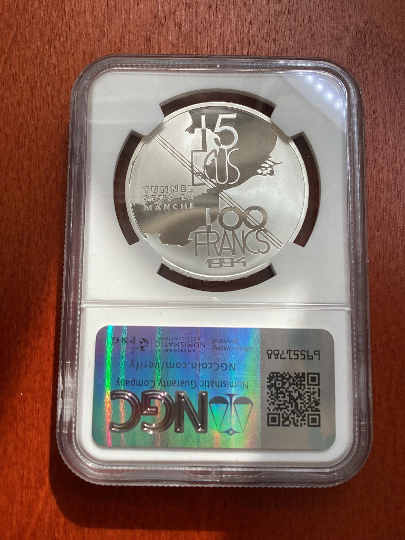 长老汇龙年精选第三场 1994 法国英法海底隧道100法郎精制银币，NGC PF69UC，唯二亚军分，更高分仅有两枚