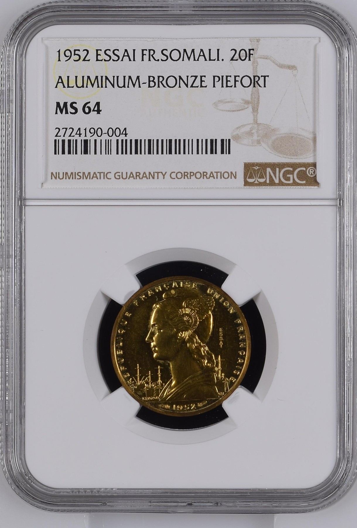 长老汇龙年精选第三场 1952 法属索马里20法郎加厚铝铜样币，NGC MS64，唯一冠军分，发行量104枚，非常漂亮！