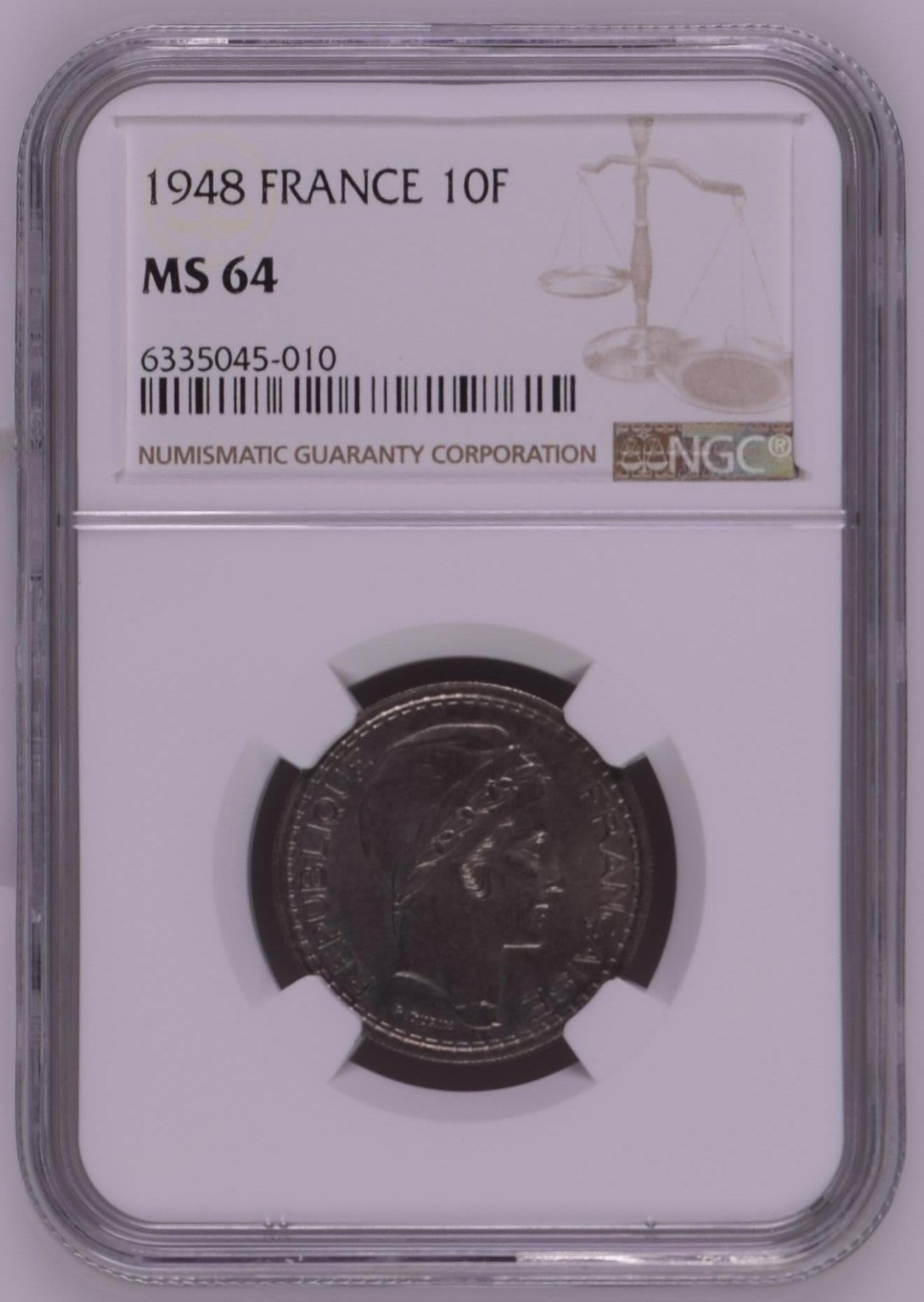 长老汇龙年精选第三场 1948 法国谷物女神10法郎铜镍币，NGC MS64分，第四名，更高分仅有5枚
