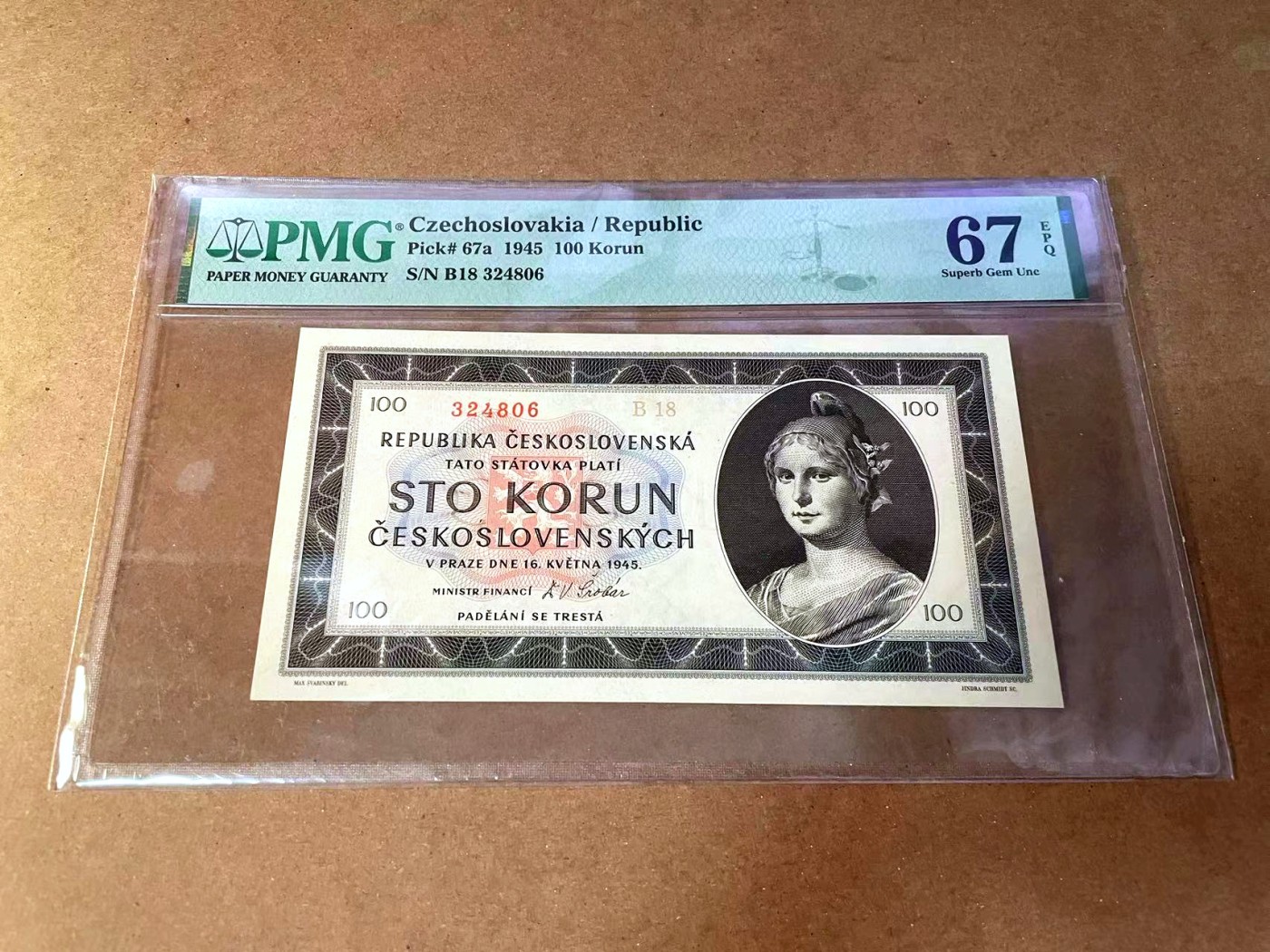 【Blue Auction】✨世界纸币精拍第445期【精】 【实钞冠军分】捷斯 1945年100克朗 PMG67EPQ 高分