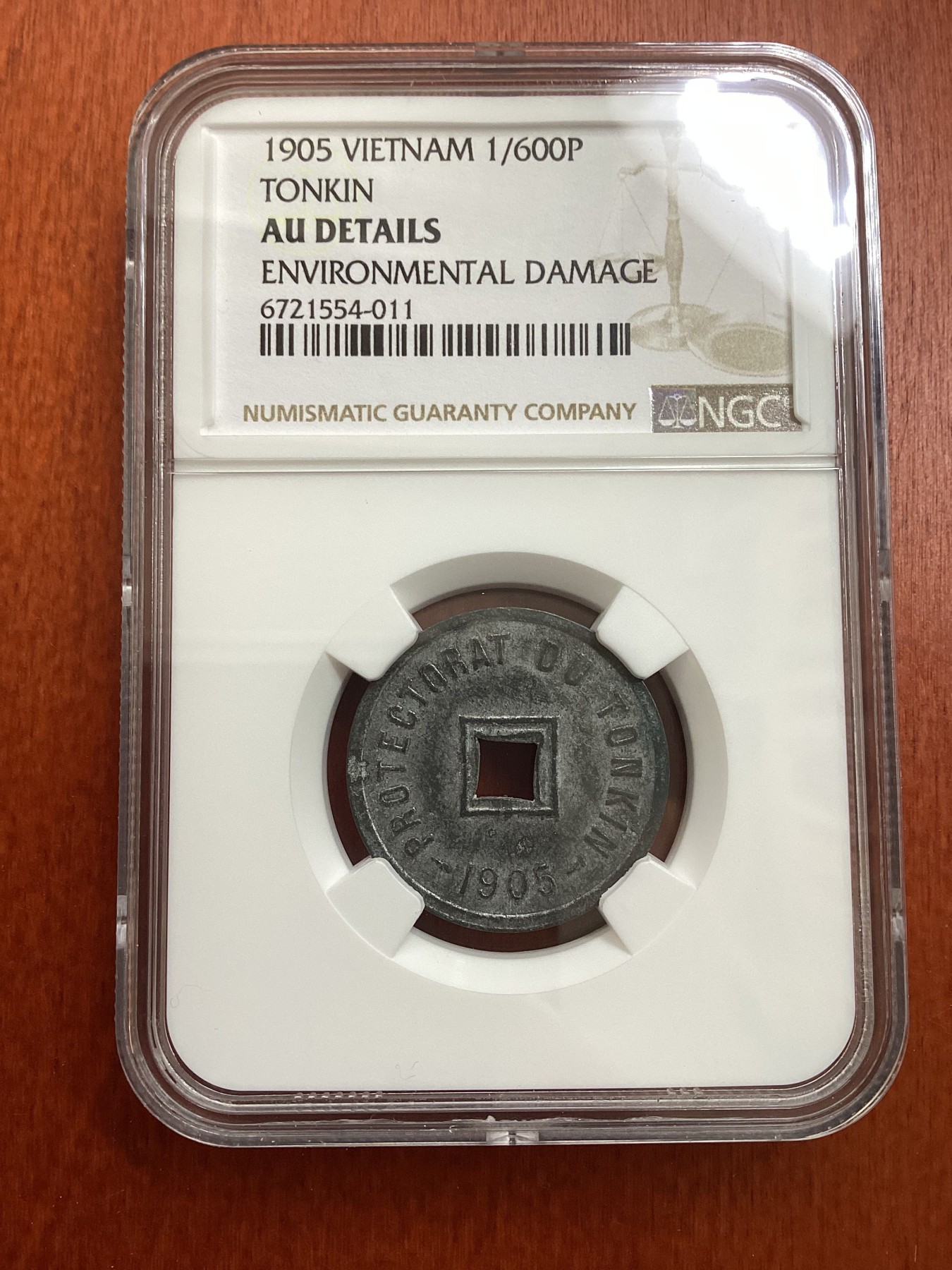 长老汇龙年精选第三场 1905 越南东京1/600P锌币，NGC AUD，这枚被判环境污染有点冤