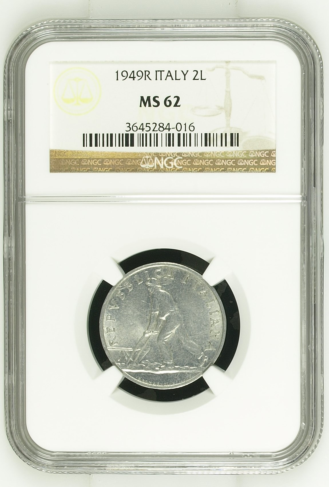 长老汇龙年精选第三场 1949R 意大利2里拉，NGC MS62分，三枚季军分之一，更高分仅有两枚