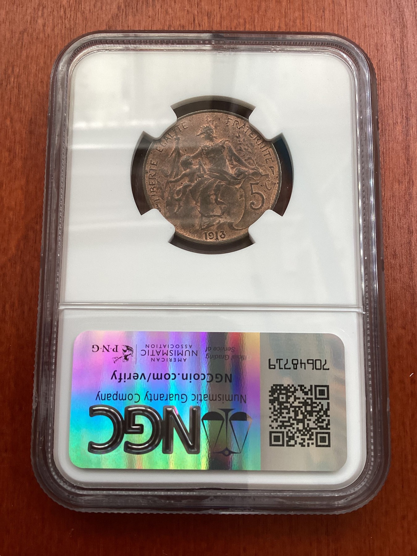 长老汇龙年精选第三场 1913 法国自由女神5分铜币，NGC MS63BN，唯一亚军分，更高分仅有一枚