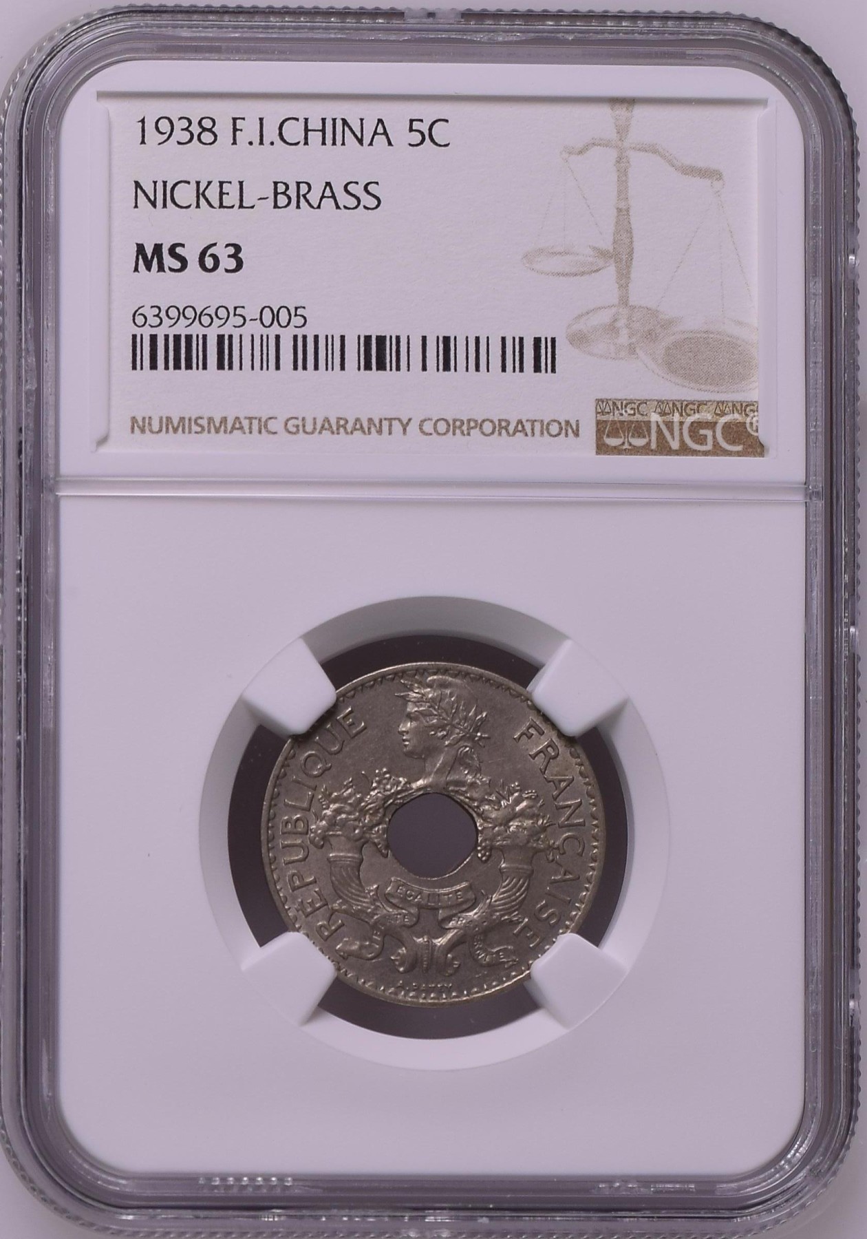 长老汇龙年精选第三场 1938 法属印度支那5分中孔铜镍币，NGC MS63分