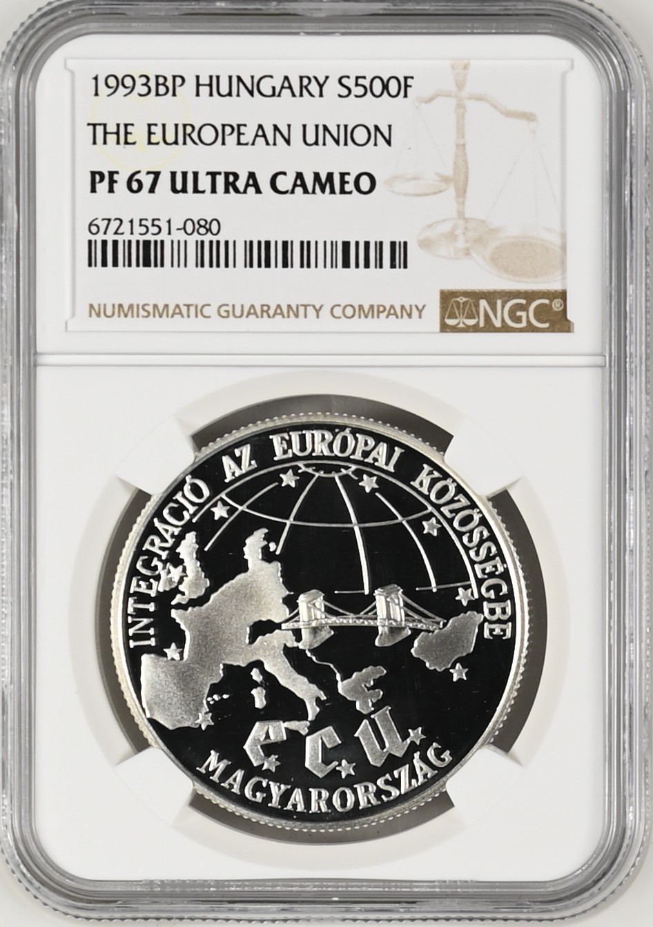 长老汇龙年精选第三场 1993BP 匈牙利欧盟500弗林特精制银币，NGC PF67UC，唯二亚军分，更高分仅有一枚