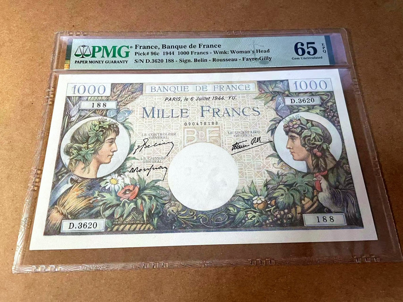 【Blue Auction】✨世界纸币精拍第445期【精】 【88尾倒置号】法国 1944年1000法郎 PMG65EPQ 大票幅 墨丘利 