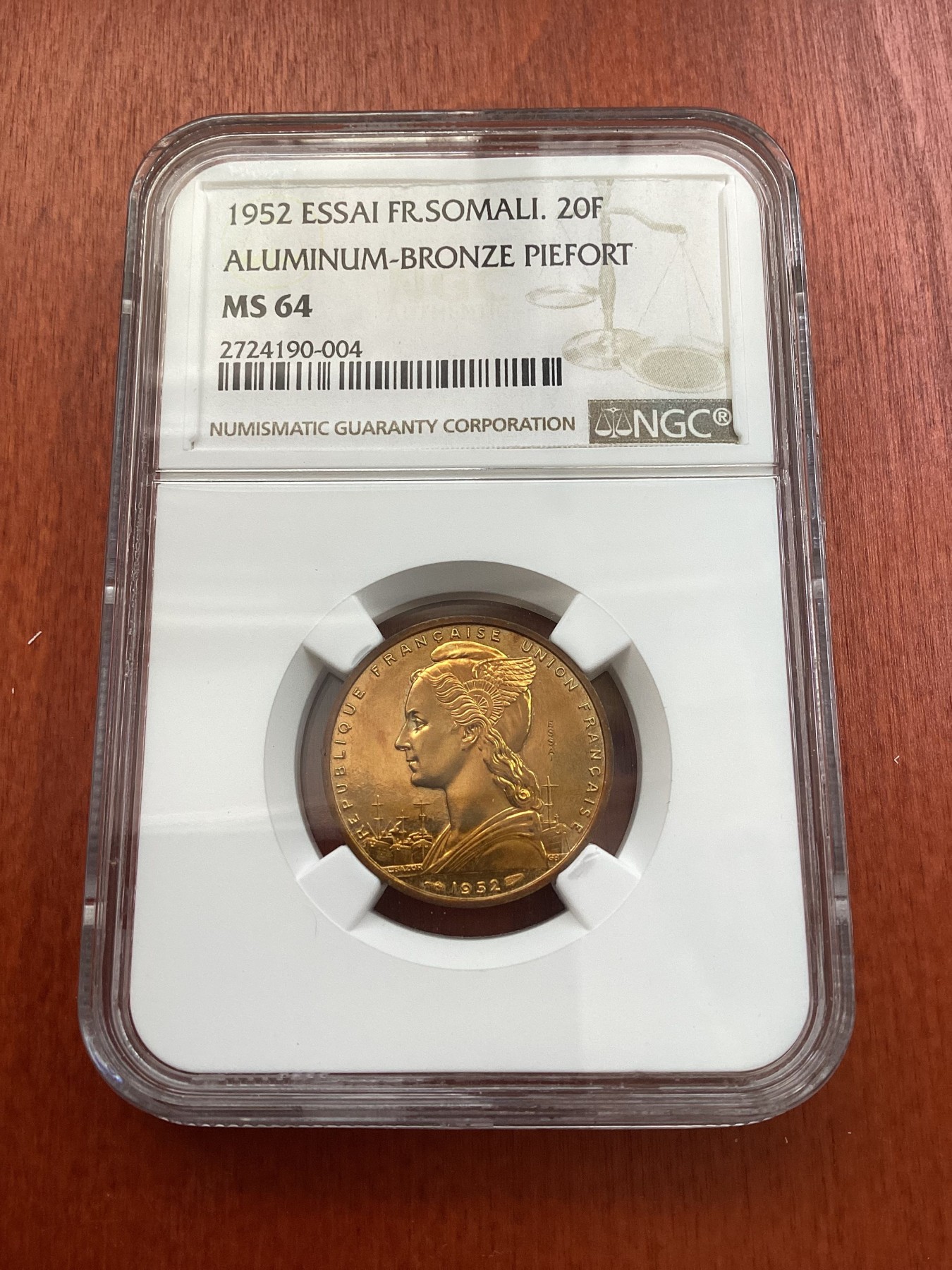 长老汇龙年精选第三场 1952 法属索马里20法郎加厚铝铜样币，NGC MS64，唯一冠军分，发行量104枚，非常漂亮！