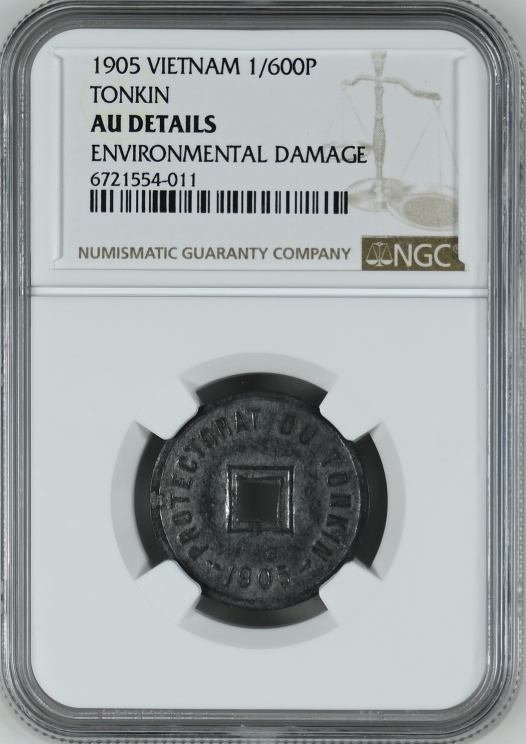 长老汇龙年精选第三场 1905 越南东京1/600P锌币，NGC AUD，这枚被判环境污染有点冤