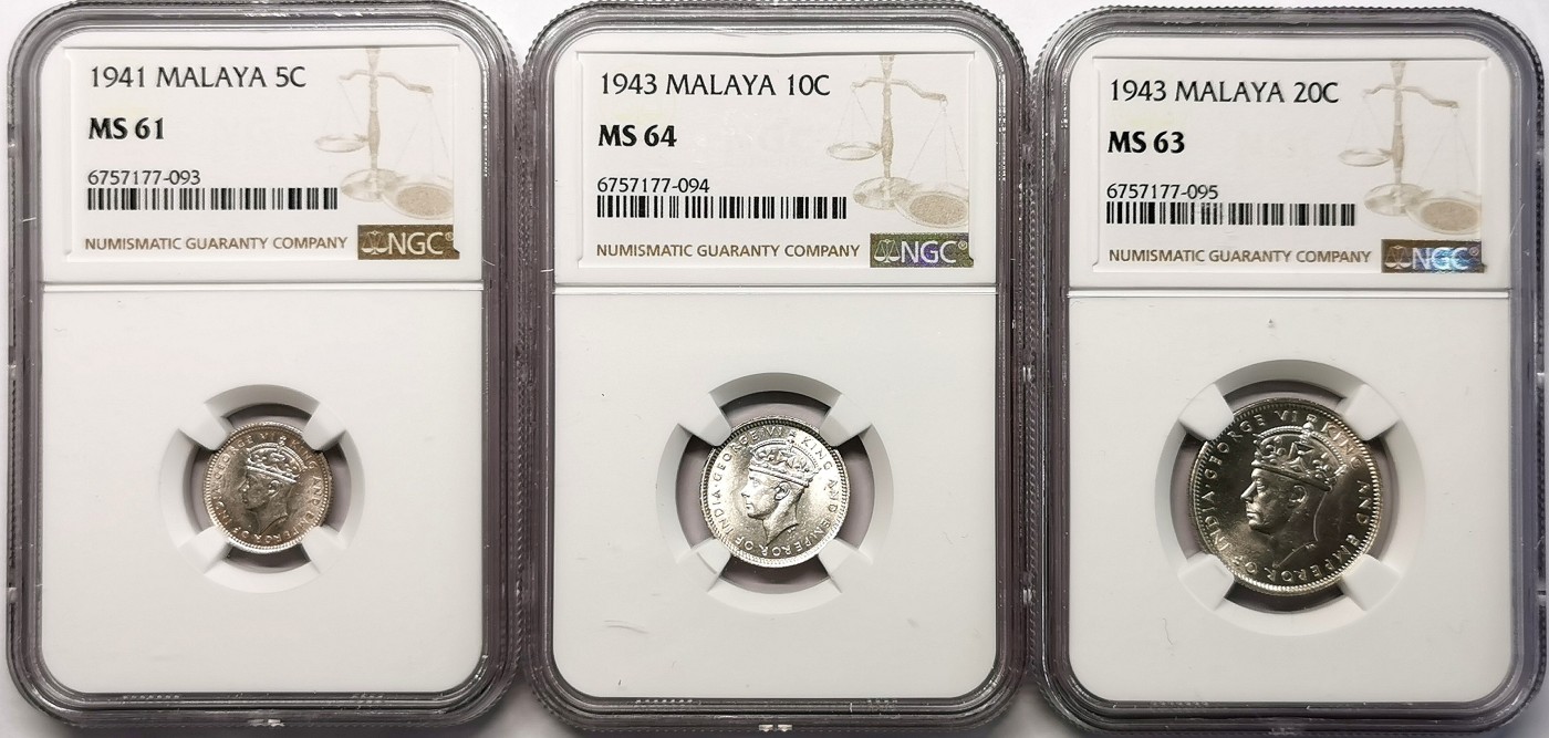 凡希社世界钱币微拍第二百六十三期 1941/43英属马来亚乔六银辅币三枚NGC-MS61/64/63