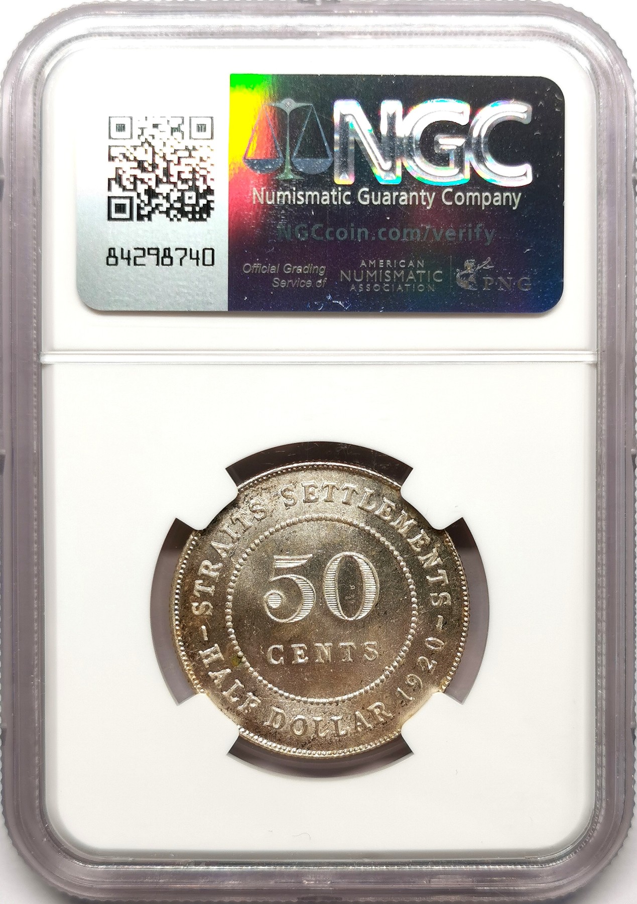 凡希社世界钱币微拍第二百六十三期 1920海峡殖民地乔五50分银币NGC-MS62 头像下十字版铭。