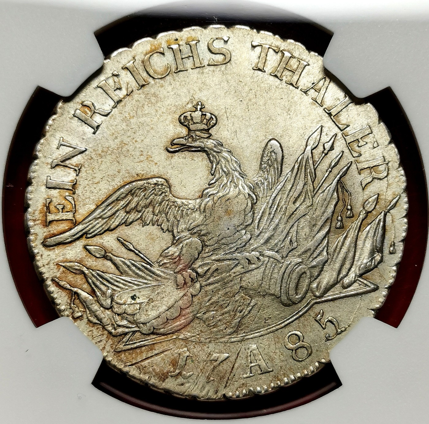 凡希社世界钱币微拍第二百六十三期 荐！1785A普鲁士弗里德里希大王大炮王冠鹰泰勒大银NGC-AU55，淡彩黄光，原味细节赞，普鲁士经典泰勒！