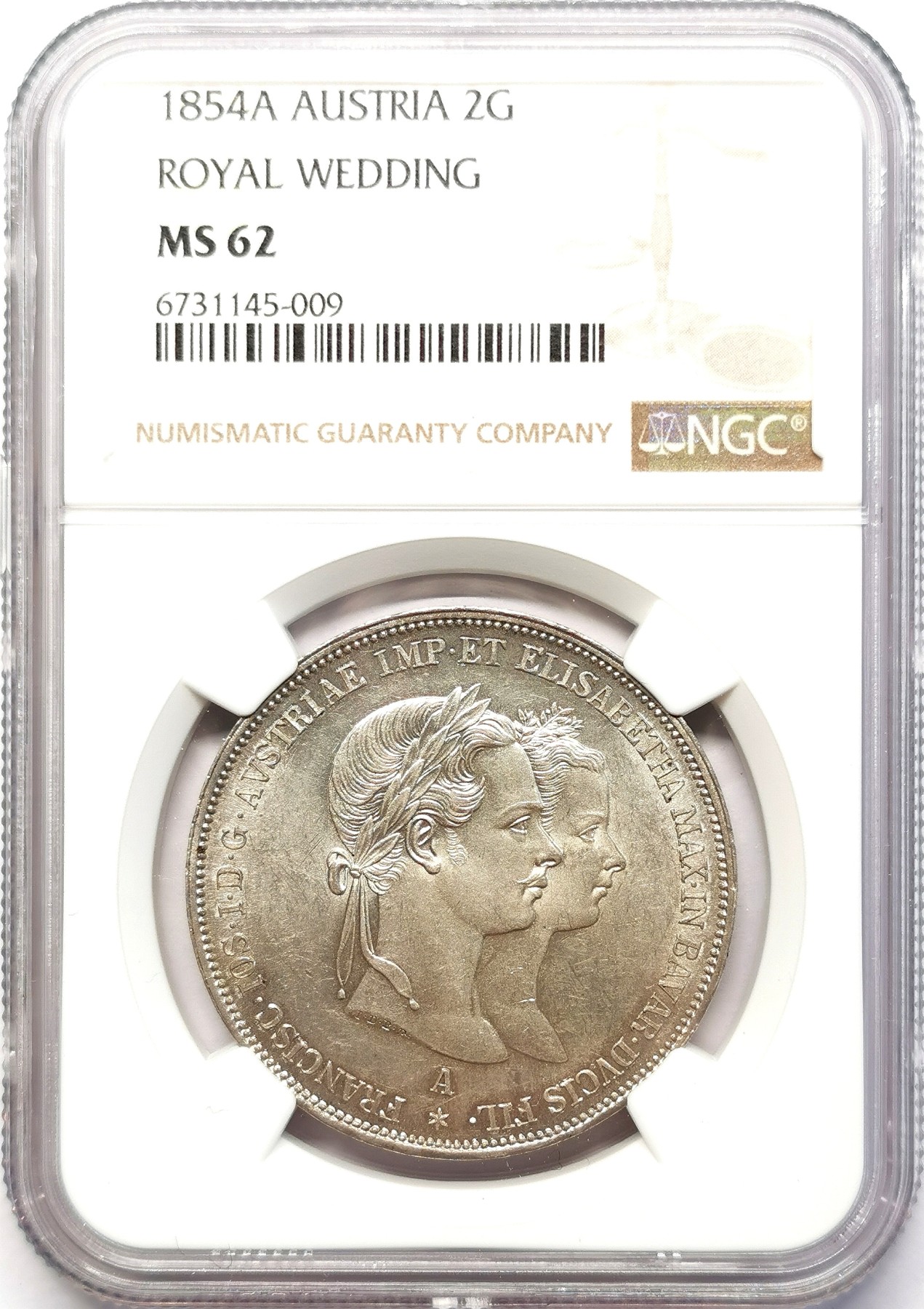 凡希社世界钱币微拍第二百六十三期 荐！1854奥地利皇室婚礼佛朗茨与茜茜公主2古尔登大银NGC-MS62 略低评，实物上手更赞！请参考视频。 