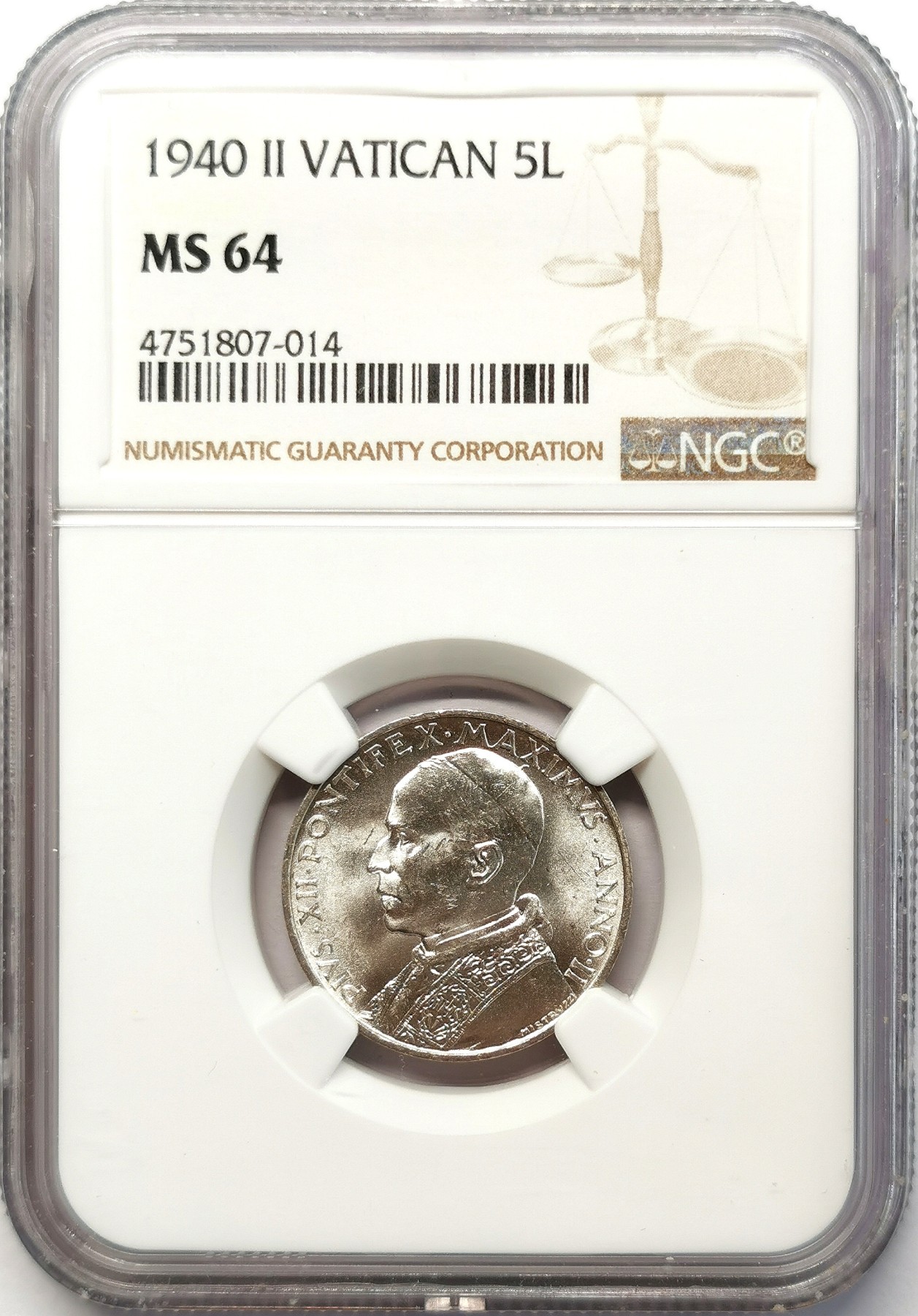 凡希社世界钱币微拍第二百六十三期 1940梵蒂冈庇护十二世5里拉银币NGC-MS64