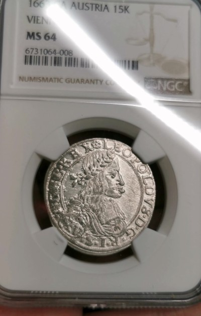 凡希社世界钱币微拍第二百六十三期 荐！1663神罗利奥波德15克鲁泽银辅币NGC-MS64 维也纳厂，原色银光罕见品相，N冠军分！