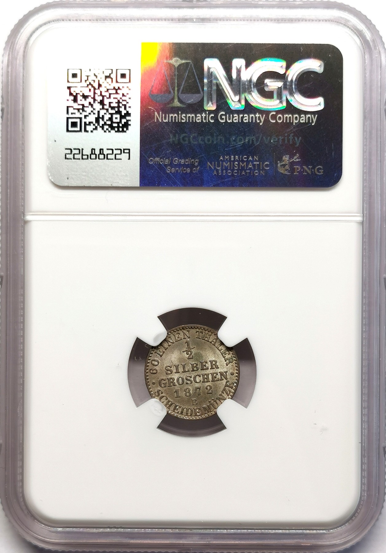 凡希社世界钱币微拍第二百六十三期 1872B普鲁士威廉三世1/2SG银辅币NGC-MS65高分顶级品！