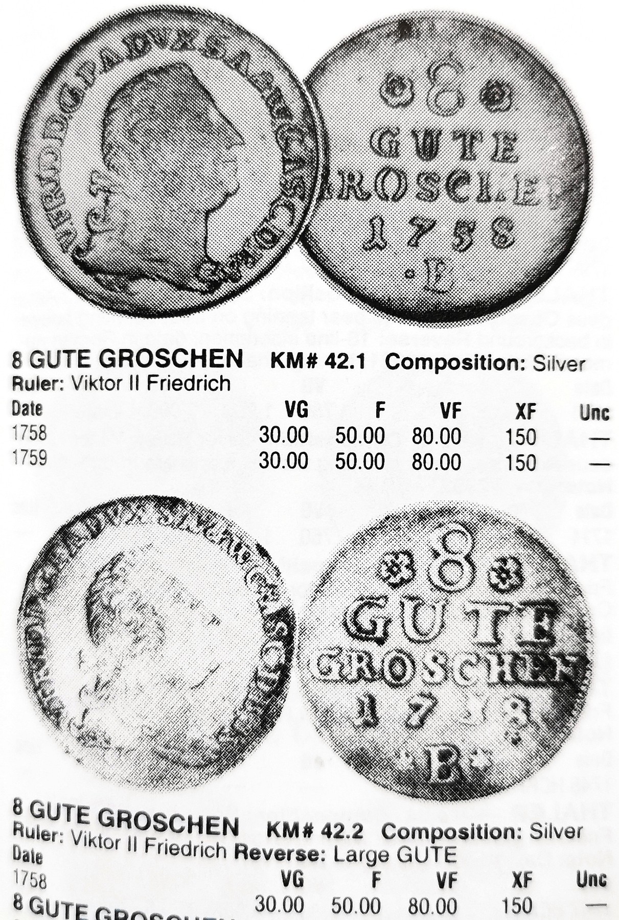 凡希社世界钱币微拍第二百六十三期 1758安哈特-伯恩堡8GuteGroschen银币NGC-MS62 一年型大字版！