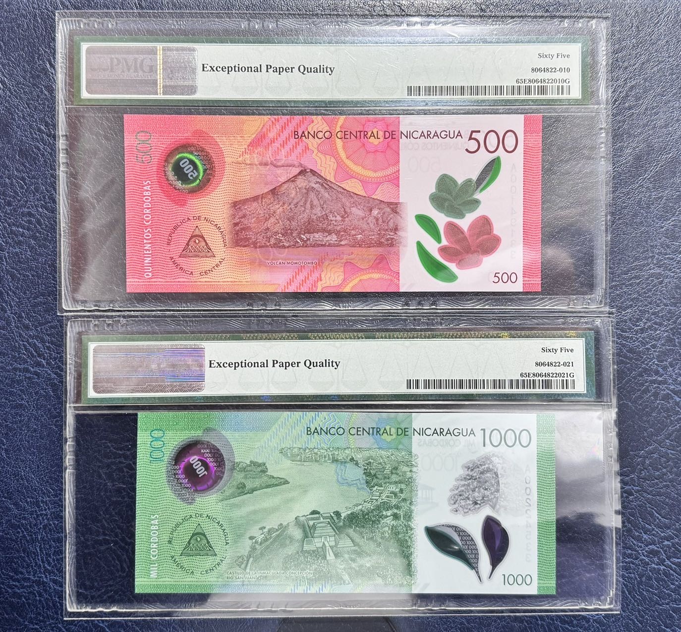 收藏联盟Quantum Auction 第331期拍卖  尼加拉瓜2017年500和1000科多巴 PMG65 尾二同 首发A序列