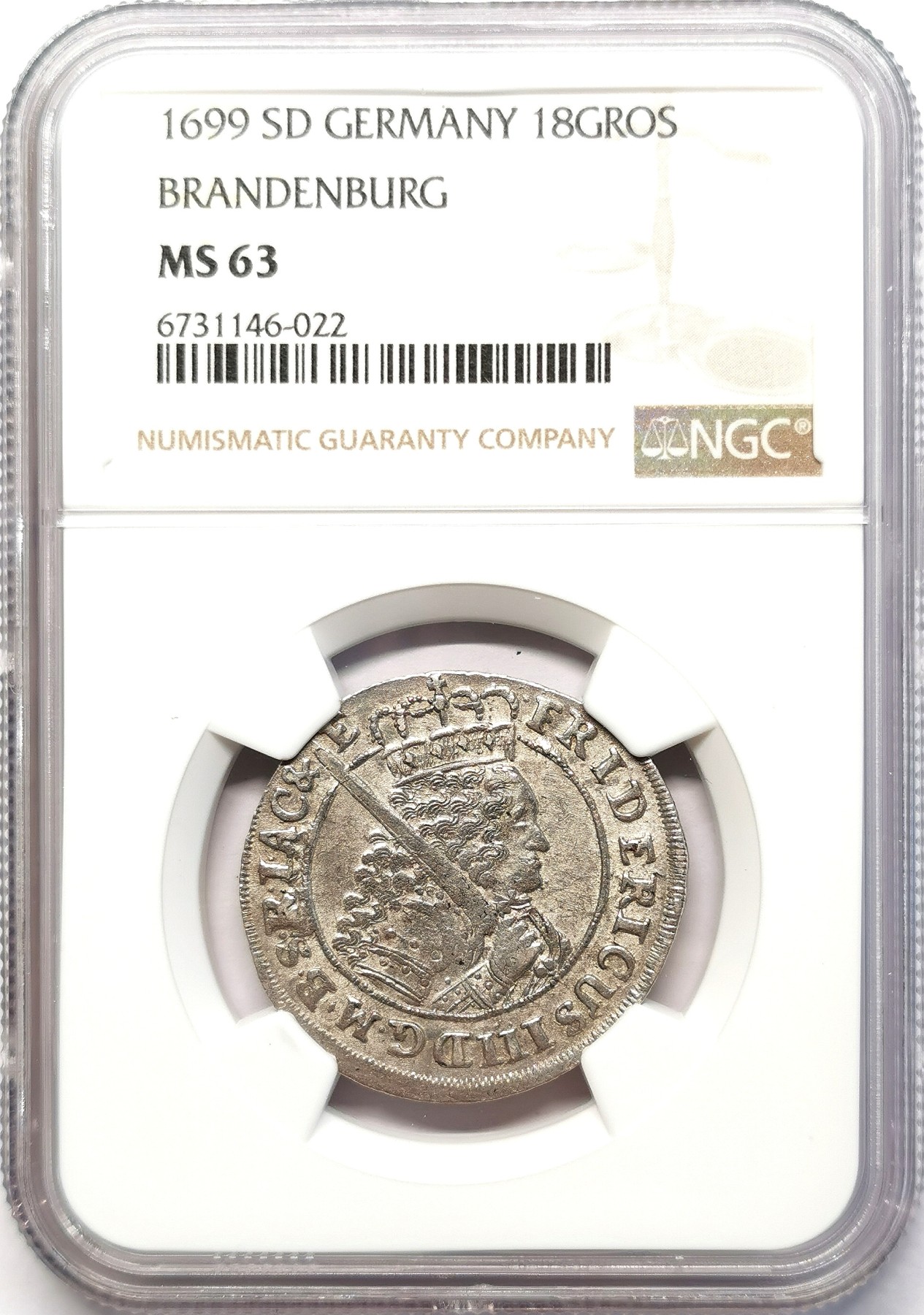 凡希社世界钱币微拍第二百六十三期 1699SG勃兰登堡腓特烈三世18Gro（1/4泰勒）银币NGC-MS63，两年后在柯尼斯堡加冕为首位普鲁士国王的腓特烈三世执剑侧像，柯尼斯堡厂出品，细节一流，原光MS！