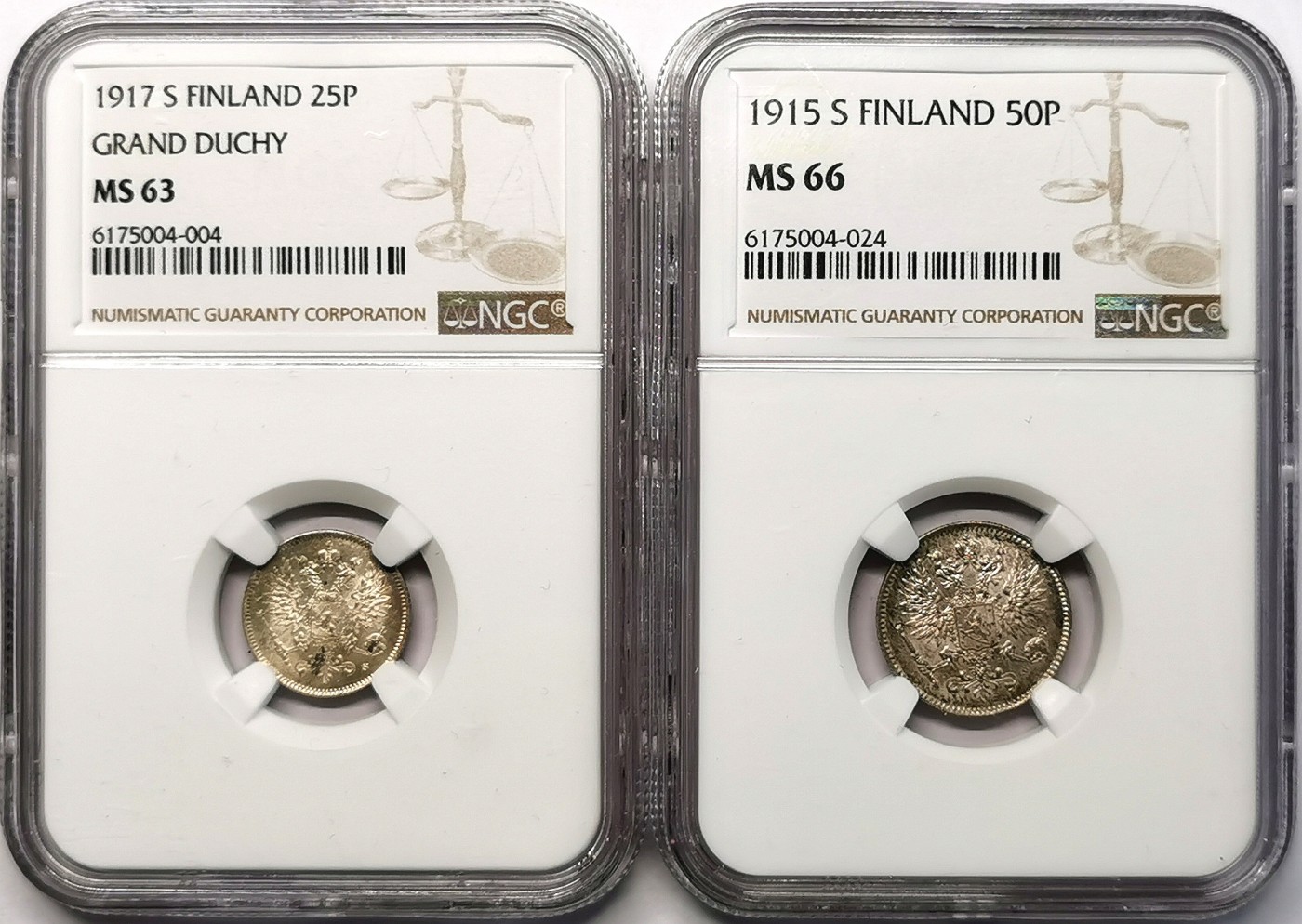 凡希社世界钱币微拍第二百六十三期 俄占芬兰25/50盆尼银币一对NGC-MS63/66