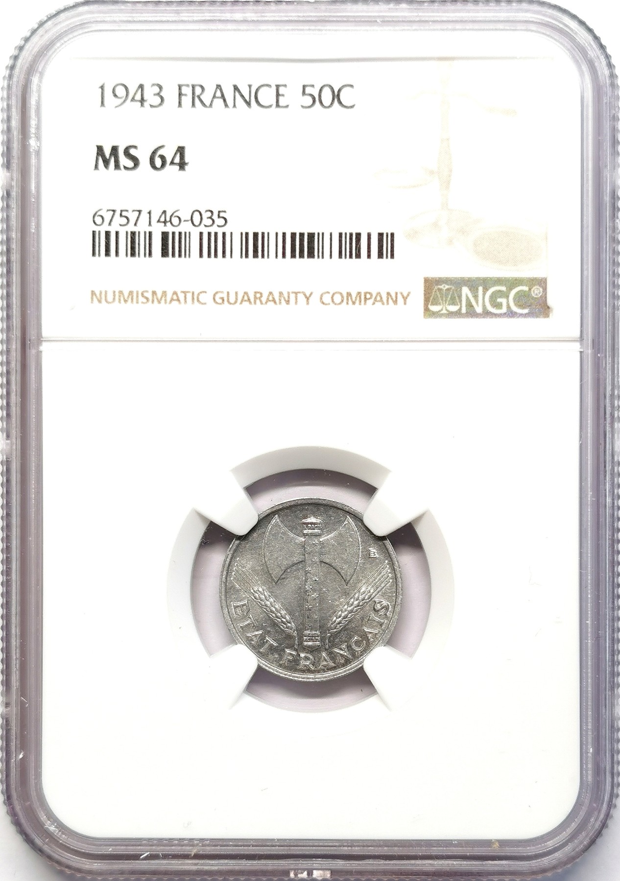 凡希社世界钱币微拍第二百六十三期 1943法国维希政府50分NGC-MS64