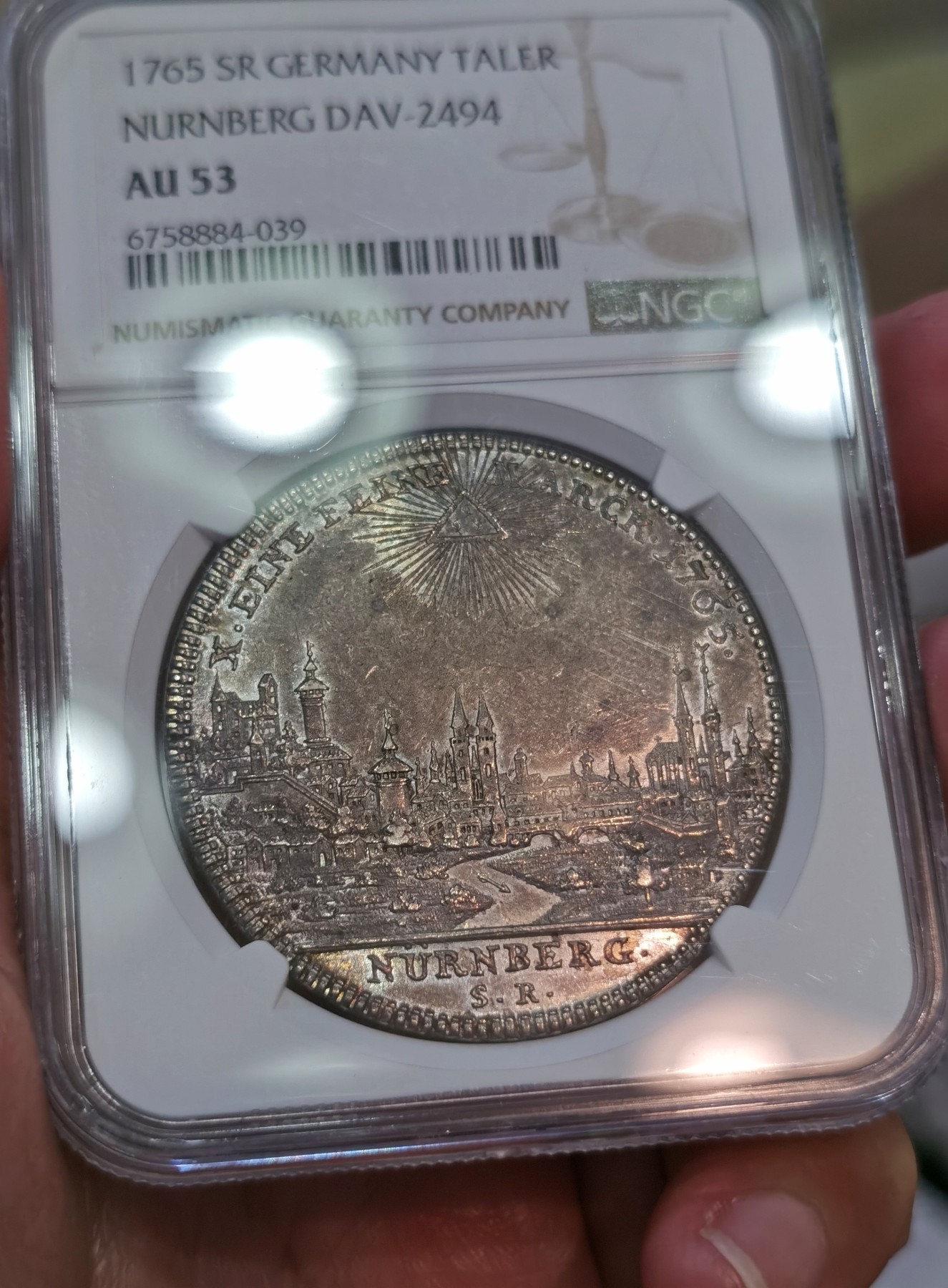 博洋堂世界钱币拍卖第068期（全场包邮） NGC AU53 德国纽伦堡1765年城市景观大泰勒银币，好味道低评