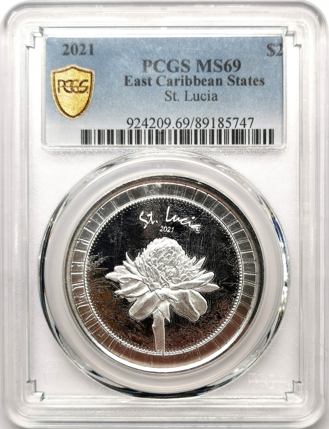 凡希社世界钱币微拍第二百六十三期 2021东加勒比圣卢西亚花2Dollers大银PCGS-MS69
