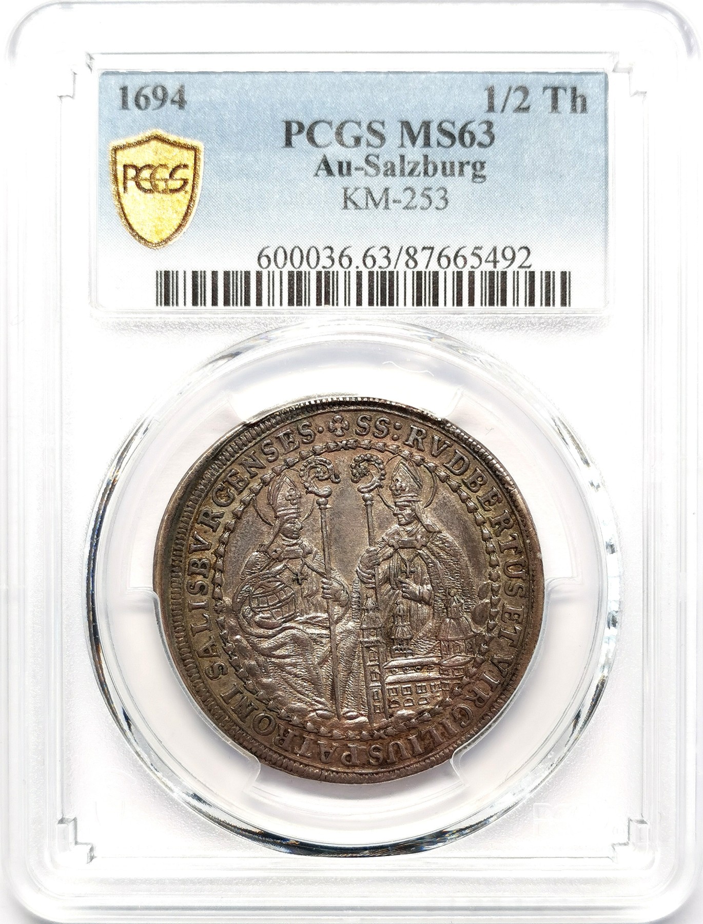 凡希社世界钱币微拍第二百六十三期 荐！1694萨尔茨堡主教区约翰恩斯特1/2泰勒银币PCGS-MS63，迷人的欧陆黑彩，压铸深峻，传世品质！