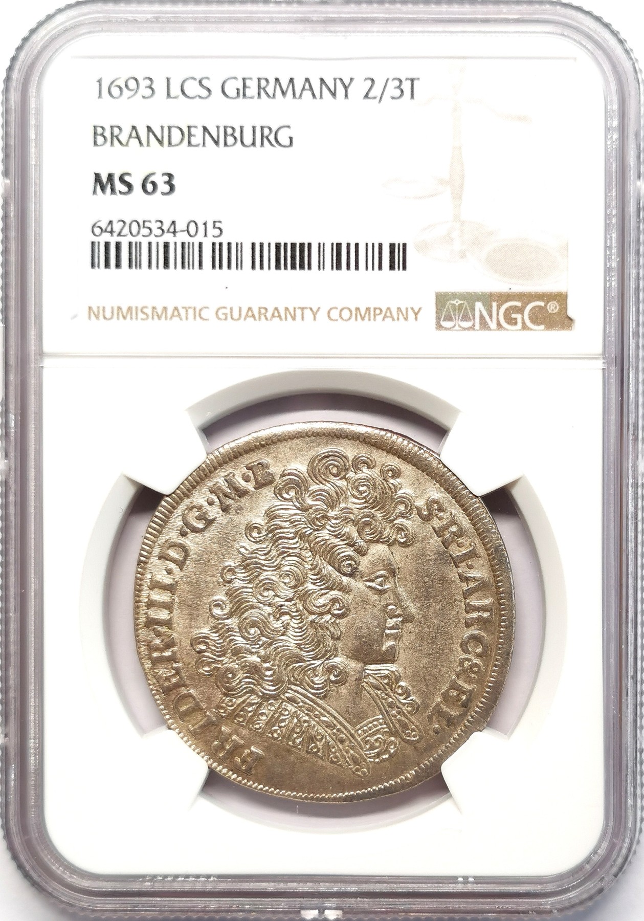 凡希社世界钱币微拍第二百六十三期 荐！1693勃兰登堡选帝侯腓特烈三世大波浪卷2/3泰勒大银NGC-MS63 黄油光，压箱底品质，N冠军分！