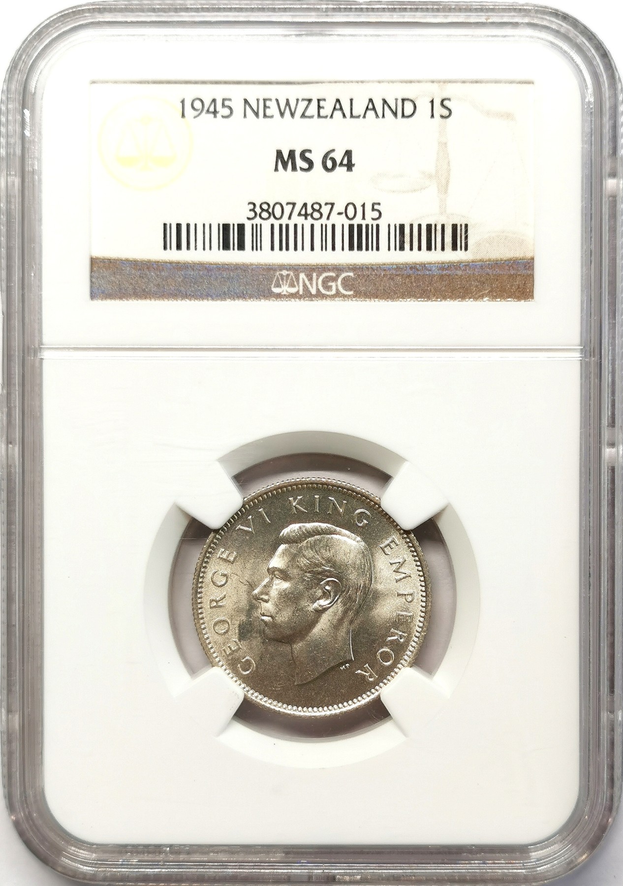 凡希社世界钱币微拍第二百六十三期 1945新西兰乔六先令银币NGC-MS64原光品！