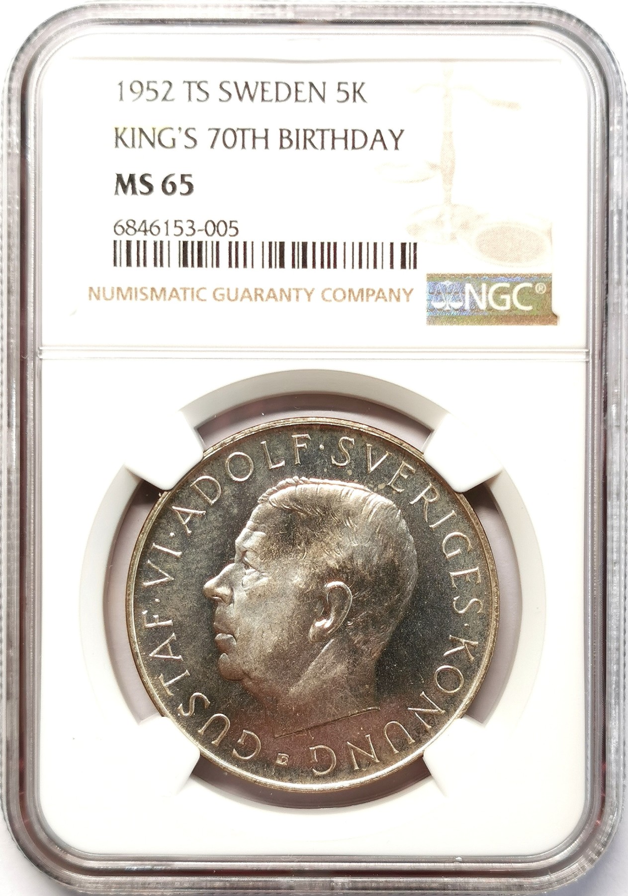 凡希社世界钱币微拍第二百六十三期 1952瑞典国王寿辰纪念5克朗大银NGC-MS65