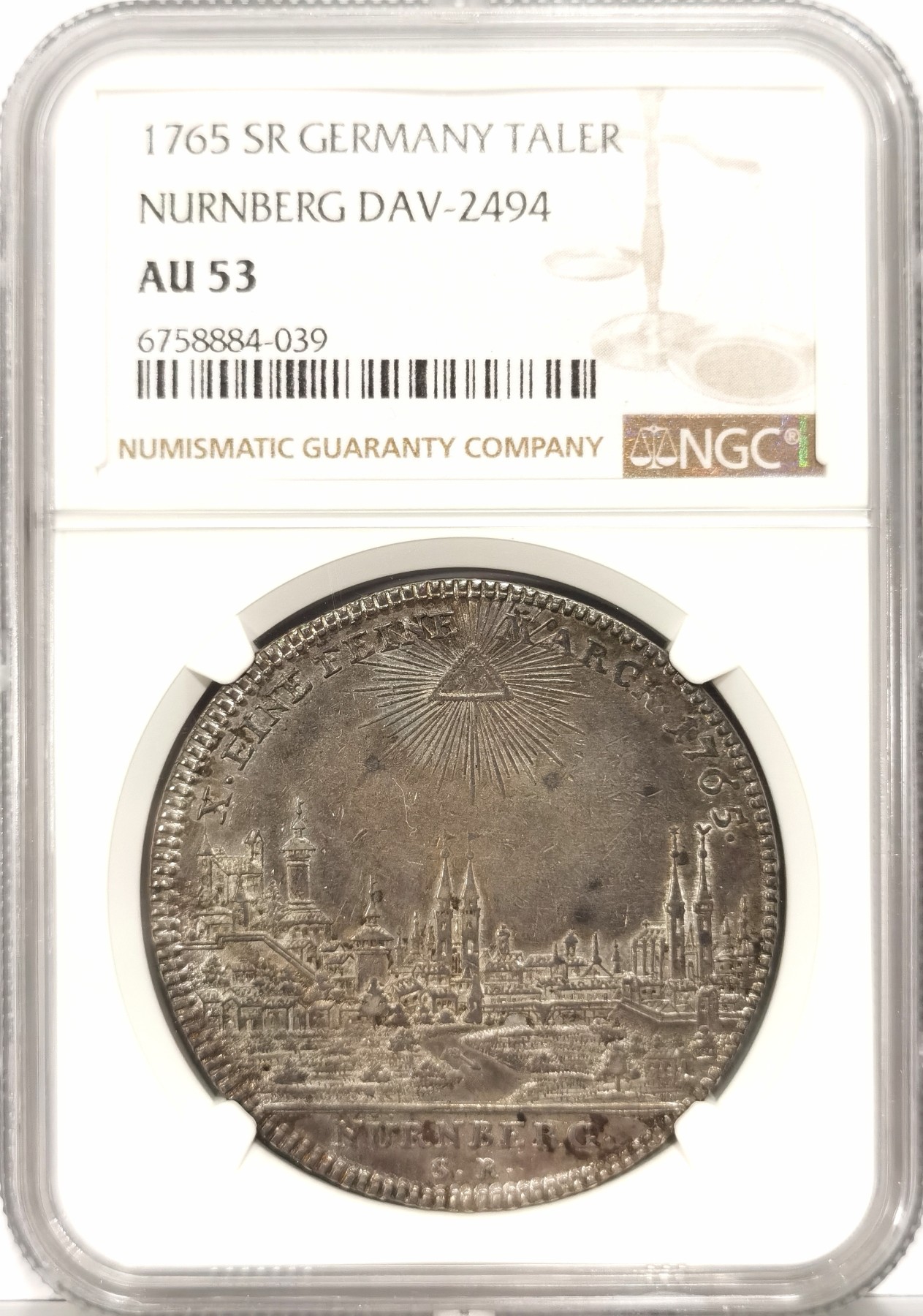 博洋堂世界钱币拍卖第068期（全场包邮） NGC AU53 德国纽伦堡1765年城市景观大泰勒银币，好味道低评