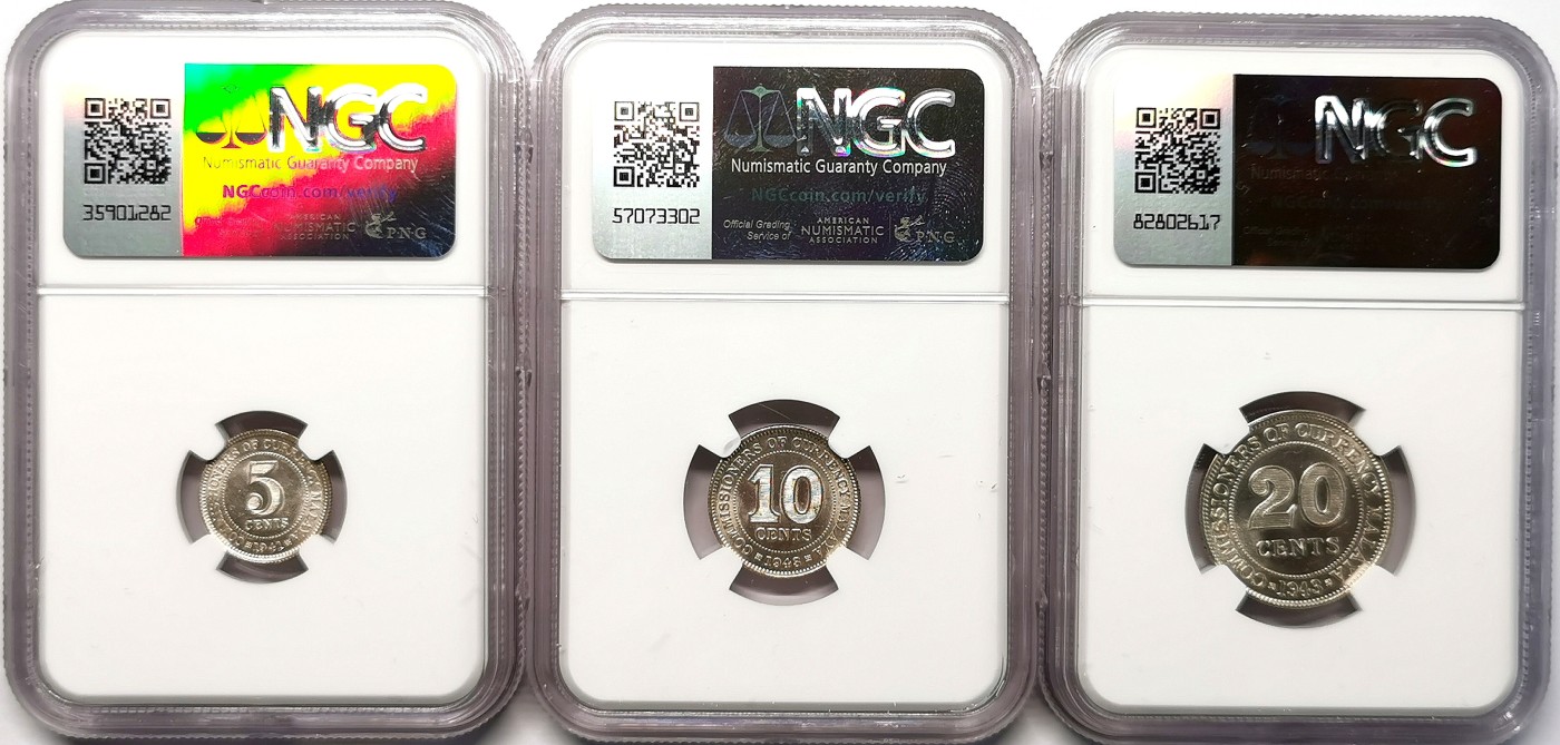 凡希社世界钱币微拍第二百六十三期 1941/43英属马来亚乔六银辅币三枚NGC-MS61/64/63