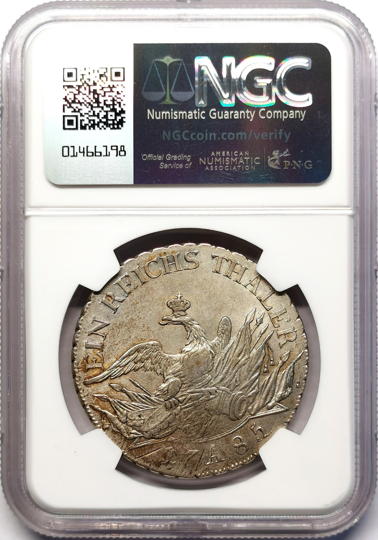 凡希社世界钱币微拍第二百六十三期 荐！1785A普鲁士弗里德里希大王大炮王冠鹰泰勒大银NGC-AU55，淡彩黄光，原味细节赞，普鲁士经典泰勒！