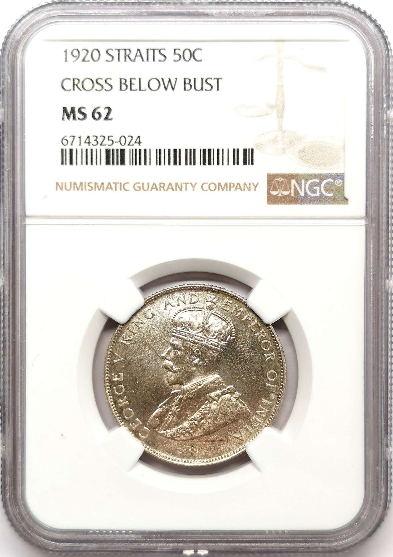 凡希社世界钱币微拍第二百六十三期 1920海峡殖民地乔五50分银币NGC-MS62 头像下十字版铭。