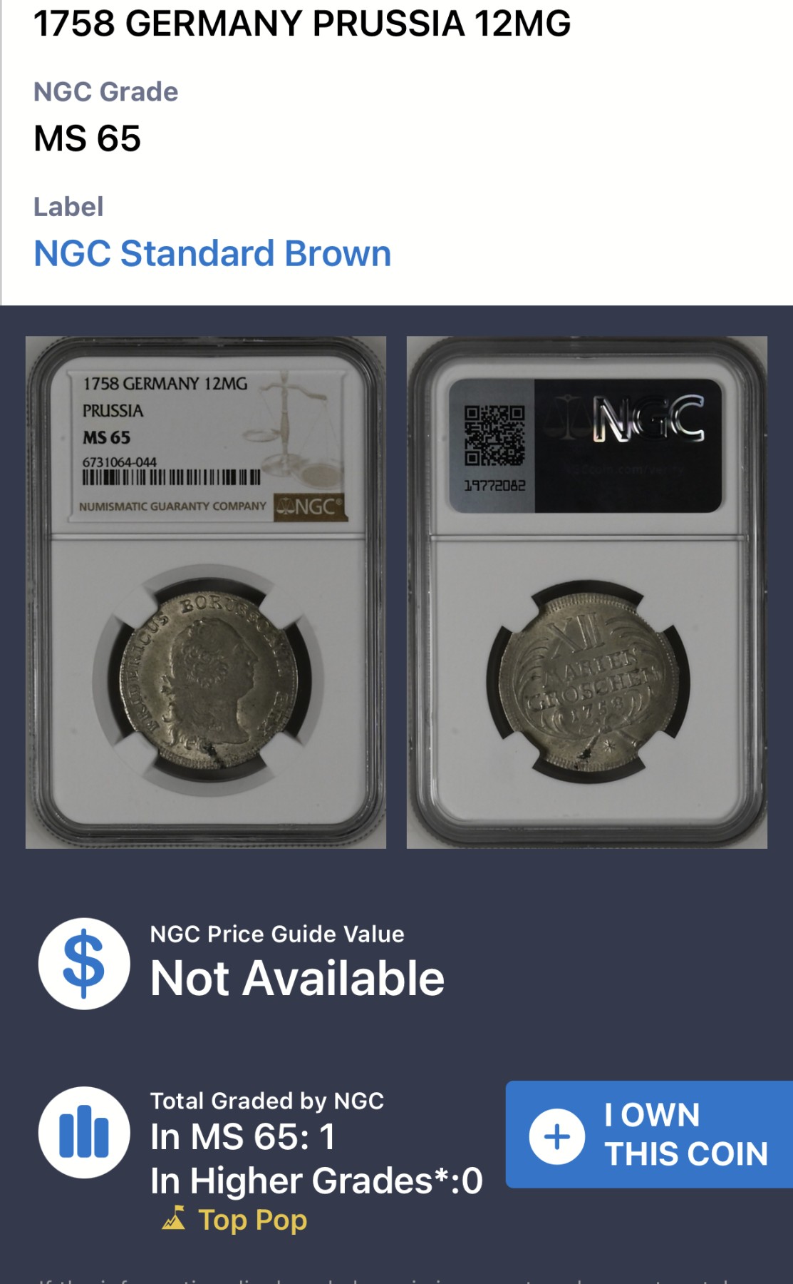 凡希社世界钱币微拍第二百六十三期 1758普鲁士12MarienGroschen（1/3泰勒）银币NGC-MS65 年份下星版，一年型，品相卓越，N唯一最高分！