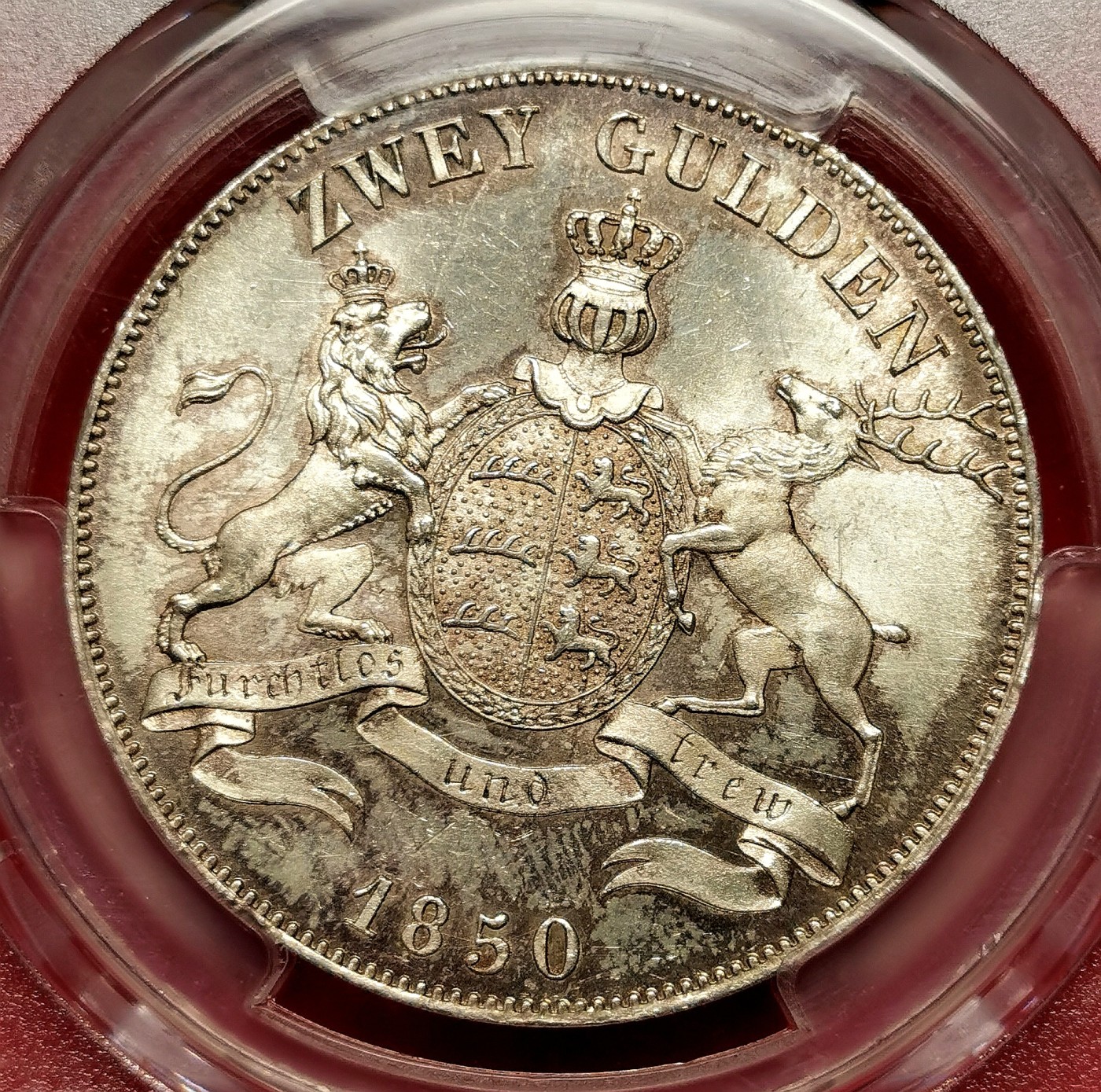 凡希社世界钱币微拍第二百六十三期 荐！1850符腾堡狮鹿盾徽2古尔登大银PCGS-MS64 淡彩粉光，P亚军分！