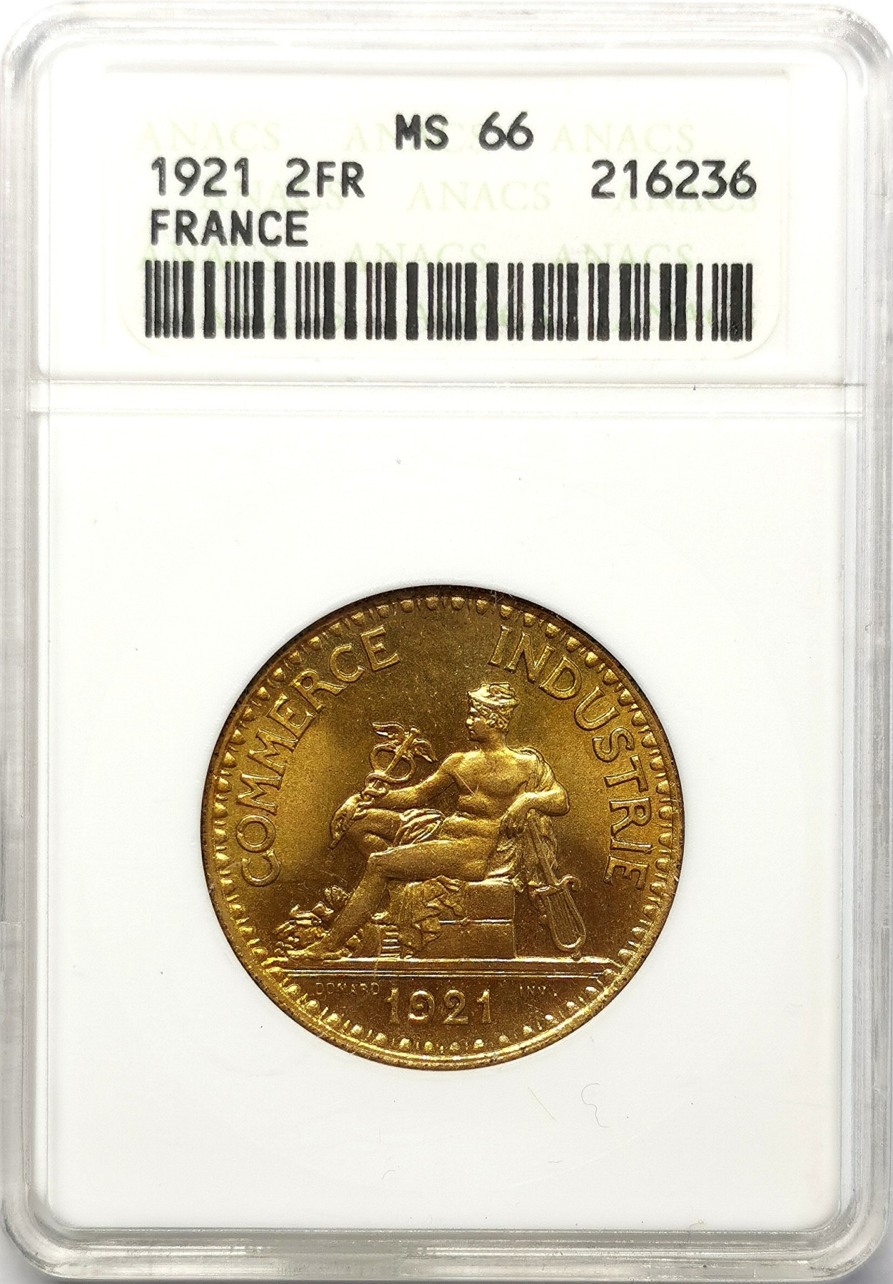 凡希社世界钱币微拍第二百六十三期 1921法国2法郎铜币ANACS-MS66