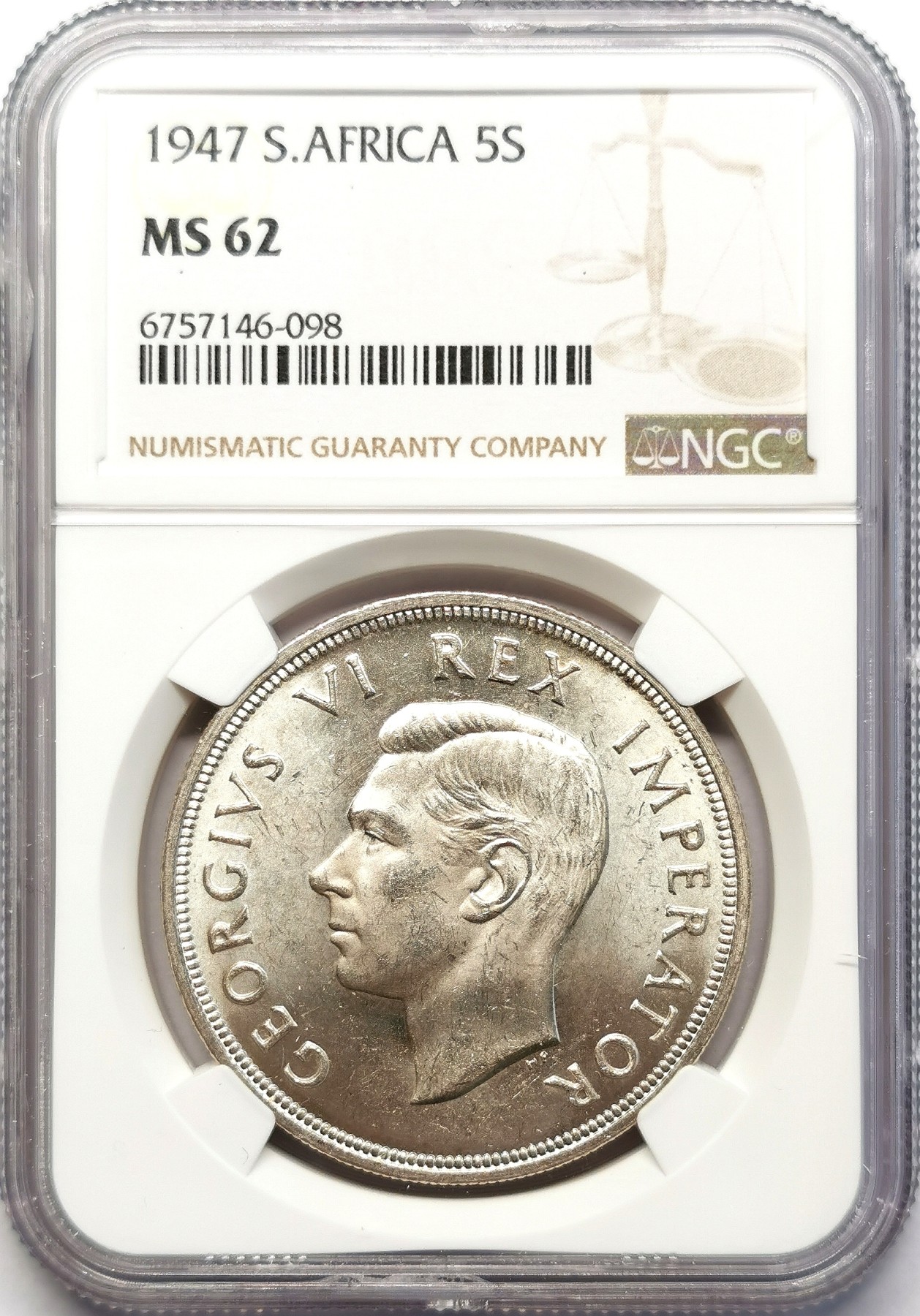 凡希社世界钱币微拍第二百六十三期 1947英属南非乔六5先令大银NGC-MS62
