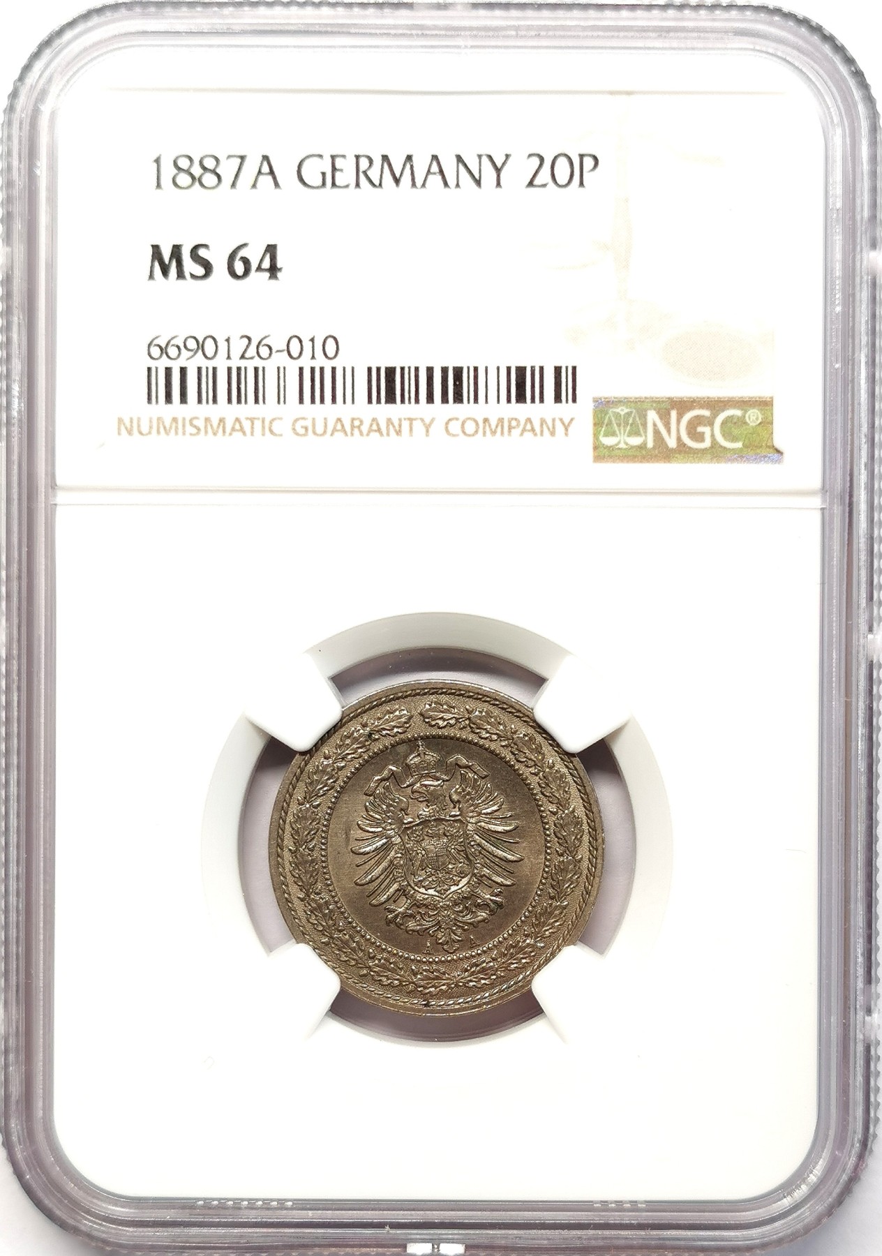 凡希社世界钱币微拍第二百六十三期 1887A德国20芬尼帝国鹰镍币NGC-MS64