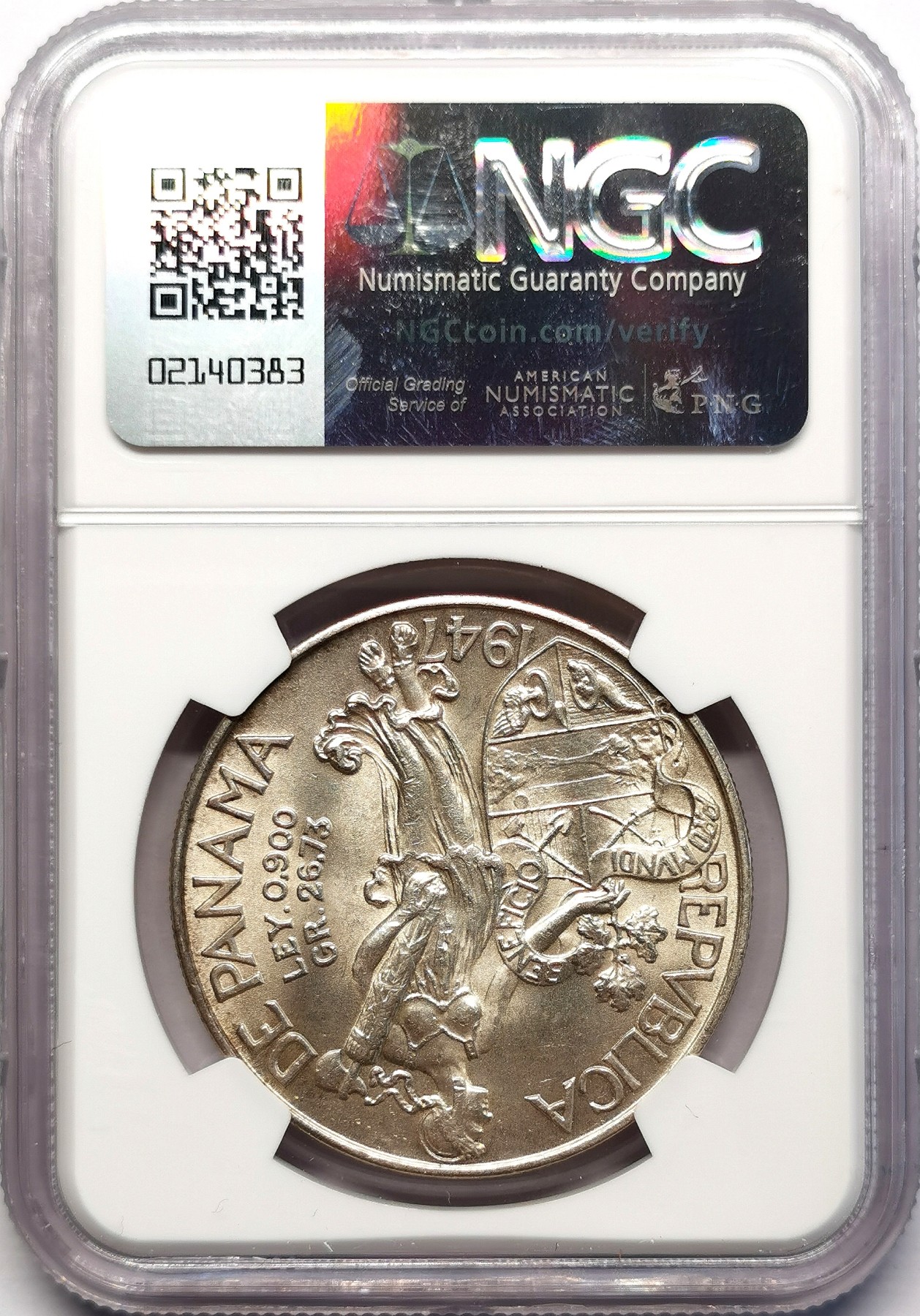 凡希社世界钱币微拍第二百六十三期 1947巴拿马1巴尔博亚大银NGC-MS64 车轮转光！