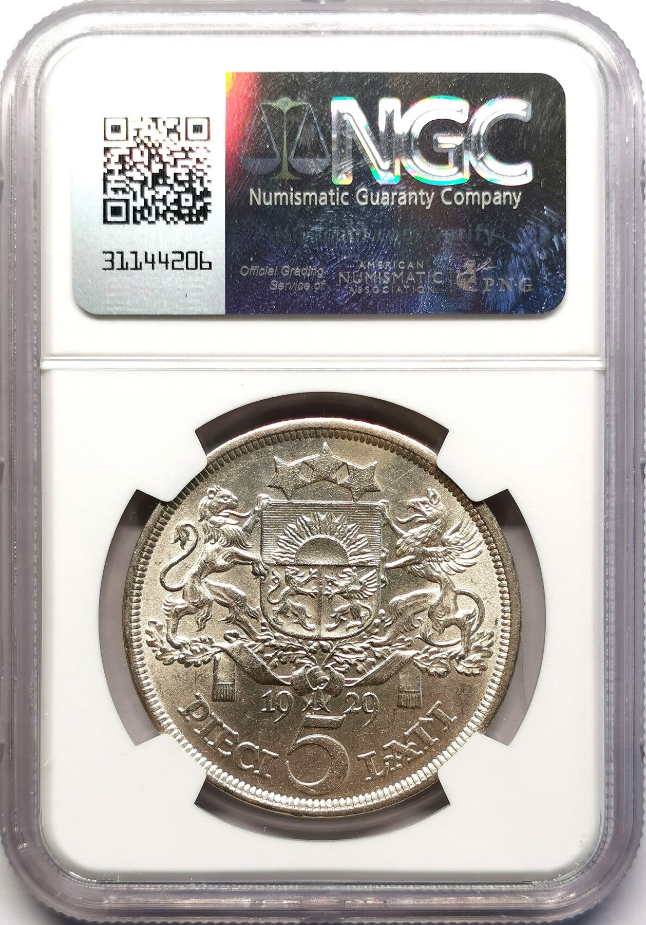 凡希社世界钱币微拍第二百六十三期 1929拉脱维亚民族少女5L大银NGC-MS62