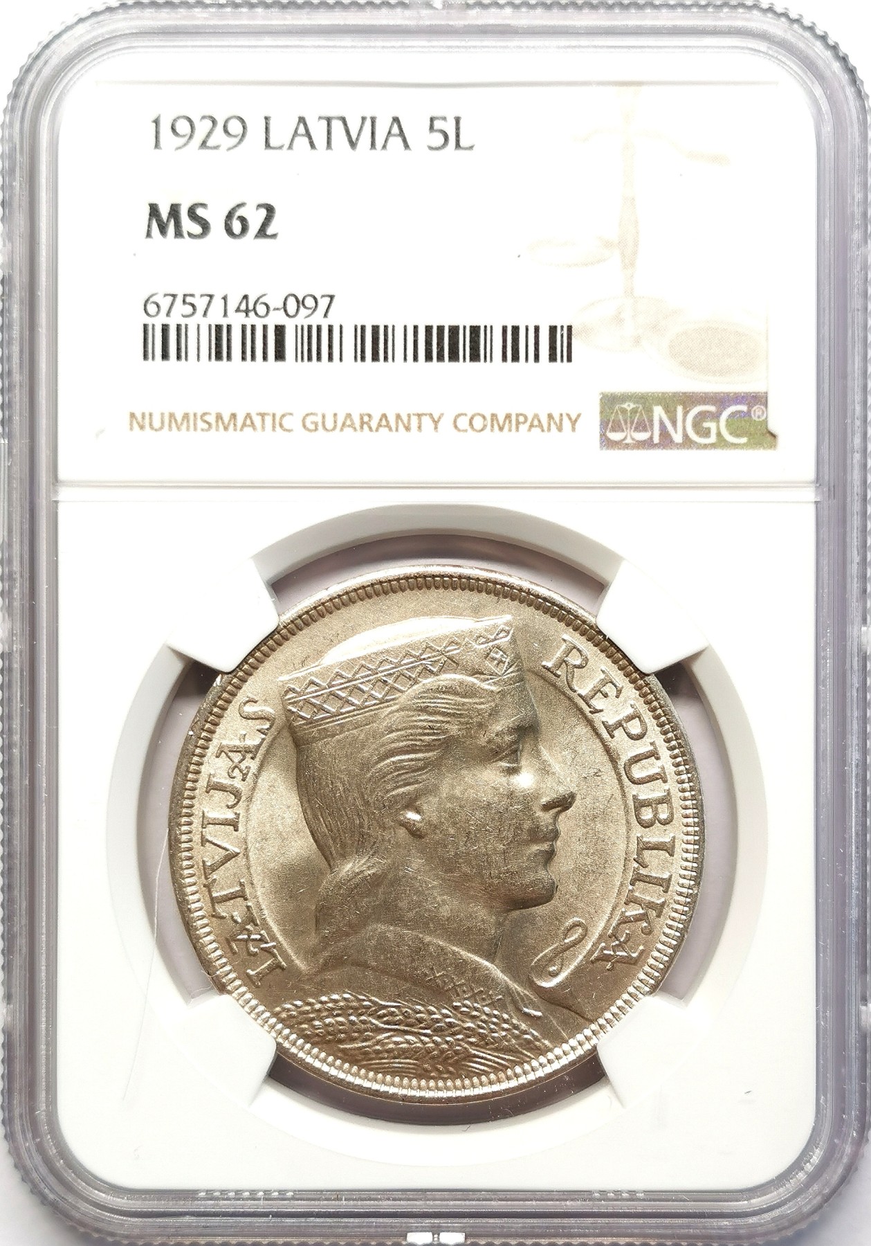凡希社世界钱币微拍第二百六十三期 1929拉脱维亚民族少女5L大银NGC-MS62